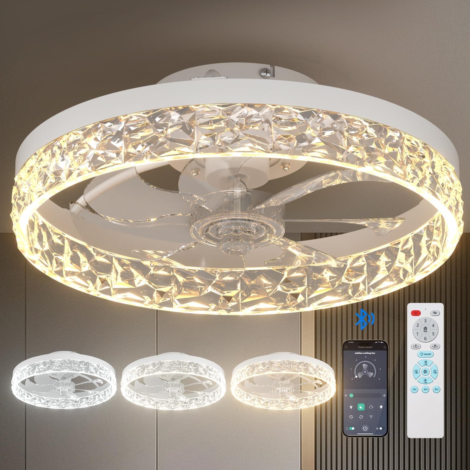 addlon Modern Ceiling Fans with Lights and Remote, Flush Mount,16 Inch Bladeless Ceiling Fan, Low Profile Ceiling Fan, Reversible, 3CCT, Dimmable, Quiet, Ceiling Fans for Bedroom,White