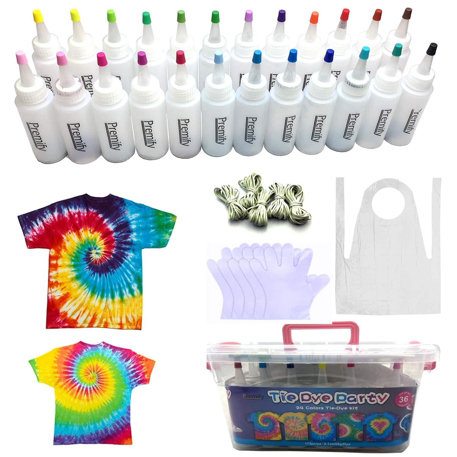 Single-Step 24 Colors Tie Dye Kit, TIE-DYE Textile Colours 90ml Bottles with Table Covers Aprons Gloves Rubber Bands & User Manual, Upto 36 Projects for Kids Adults Shirts Caps Hoodie etc.