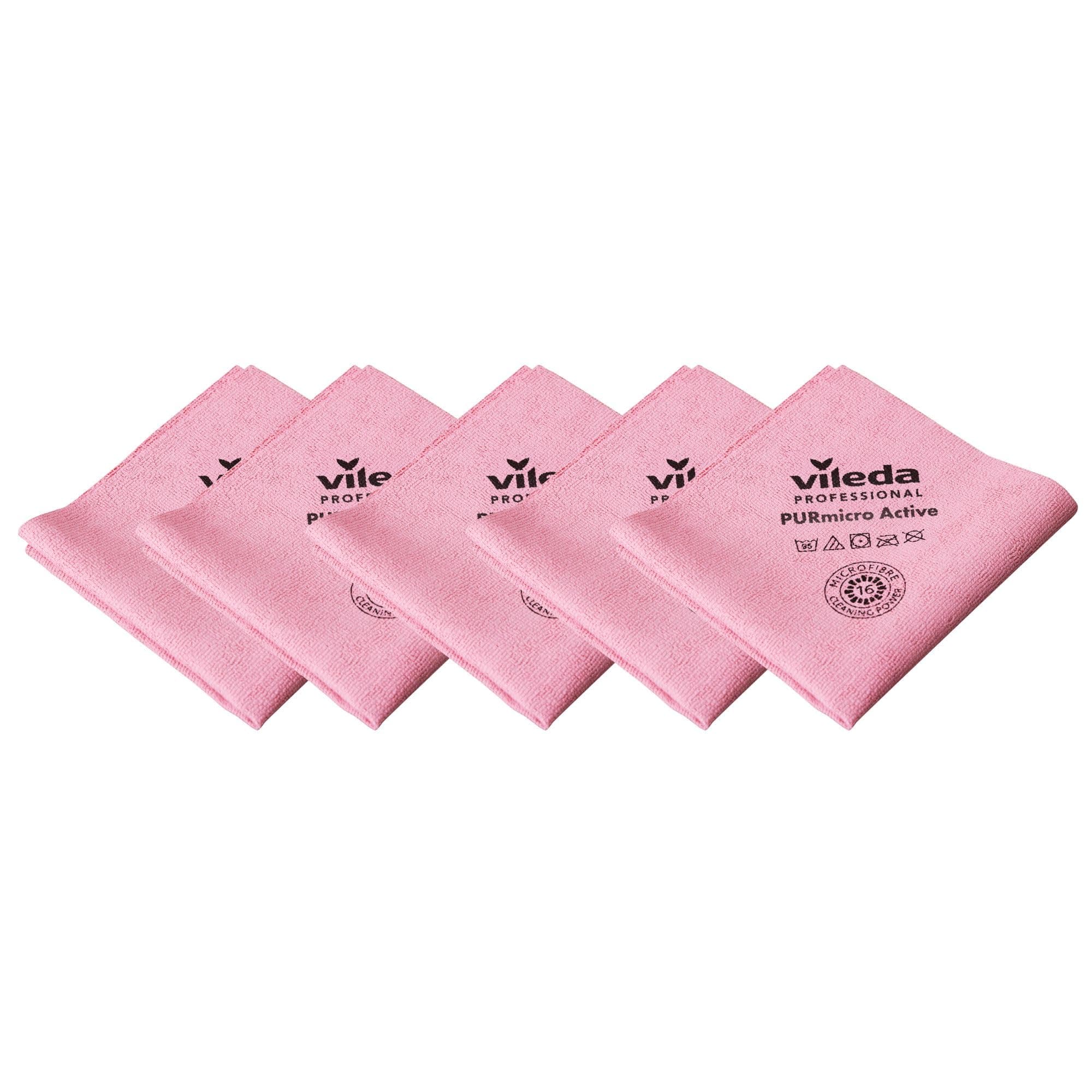 Vileda Professional PURmicro Active Cloths,Red 5-Pack – High‑Performance Microfibre with PUR Coating for Fast,Streak‑Free,High‑Absorption Cleaning on Glass,Stainless Steel & Smooth Surfaces (38x35cm)