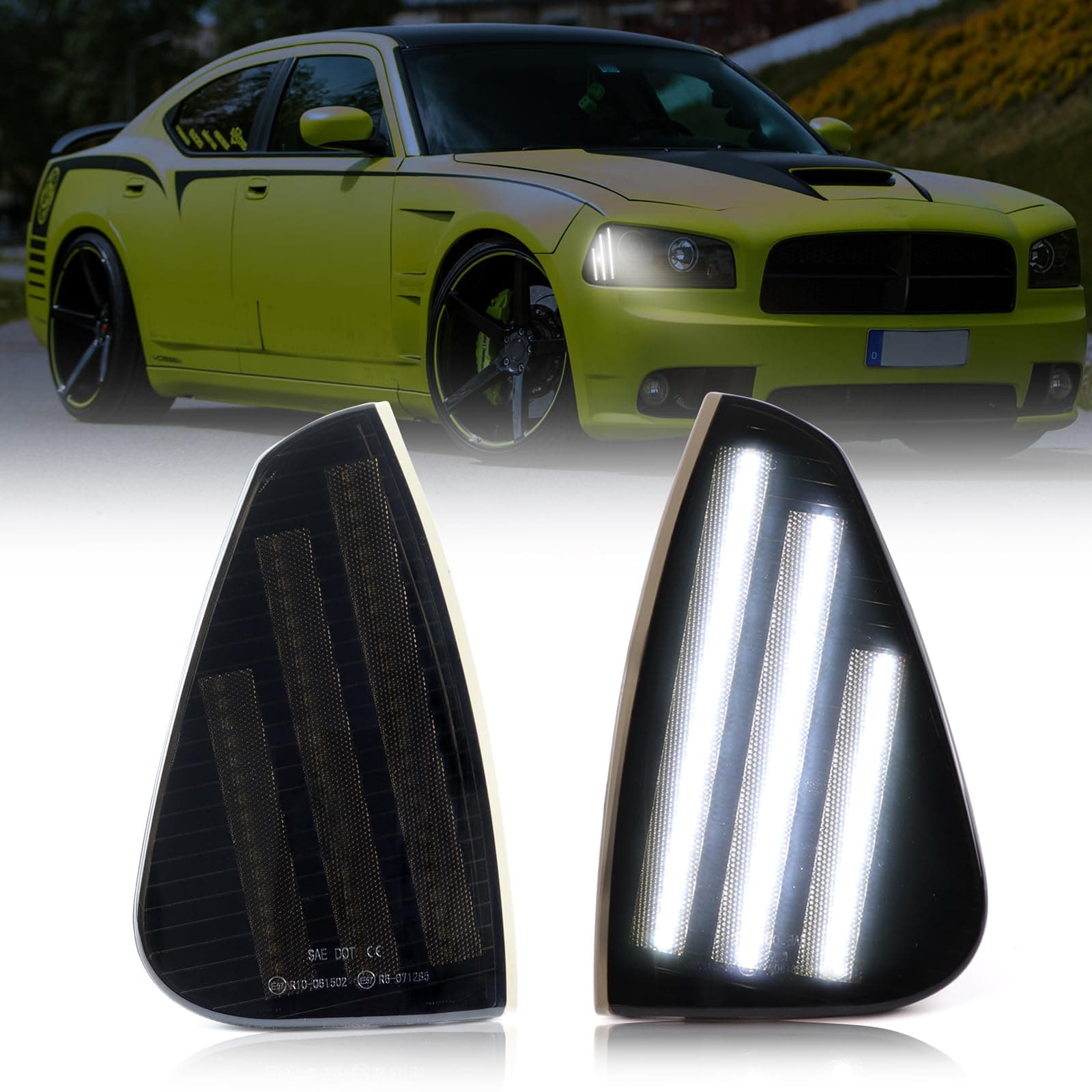 FetonAuto White Full LED Front Side Marker Lights Corner Turn Signal Lamps for Dodge Charger 2006 2007 2008 2009 2010, Smoked Lens Driver Passenger Assembly