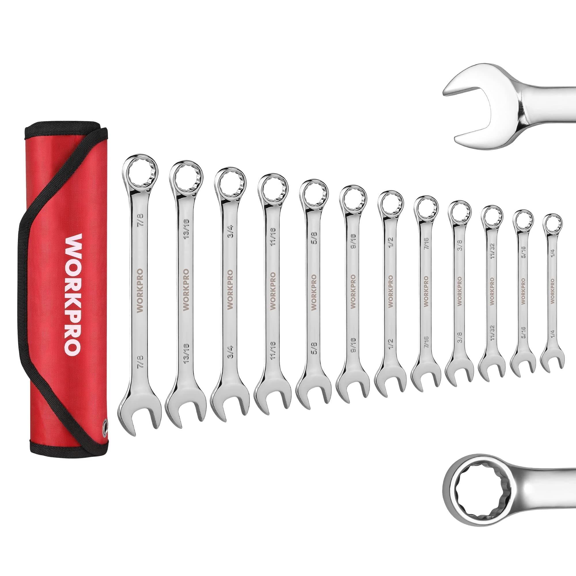 WORKPRO 12-Piece Combination Wrench Set, SAE 1/4"-7/8", Premium Cr-V Wrench Sets, 12PT, Mirror Polish Chrome Plating with Rolling Pouch