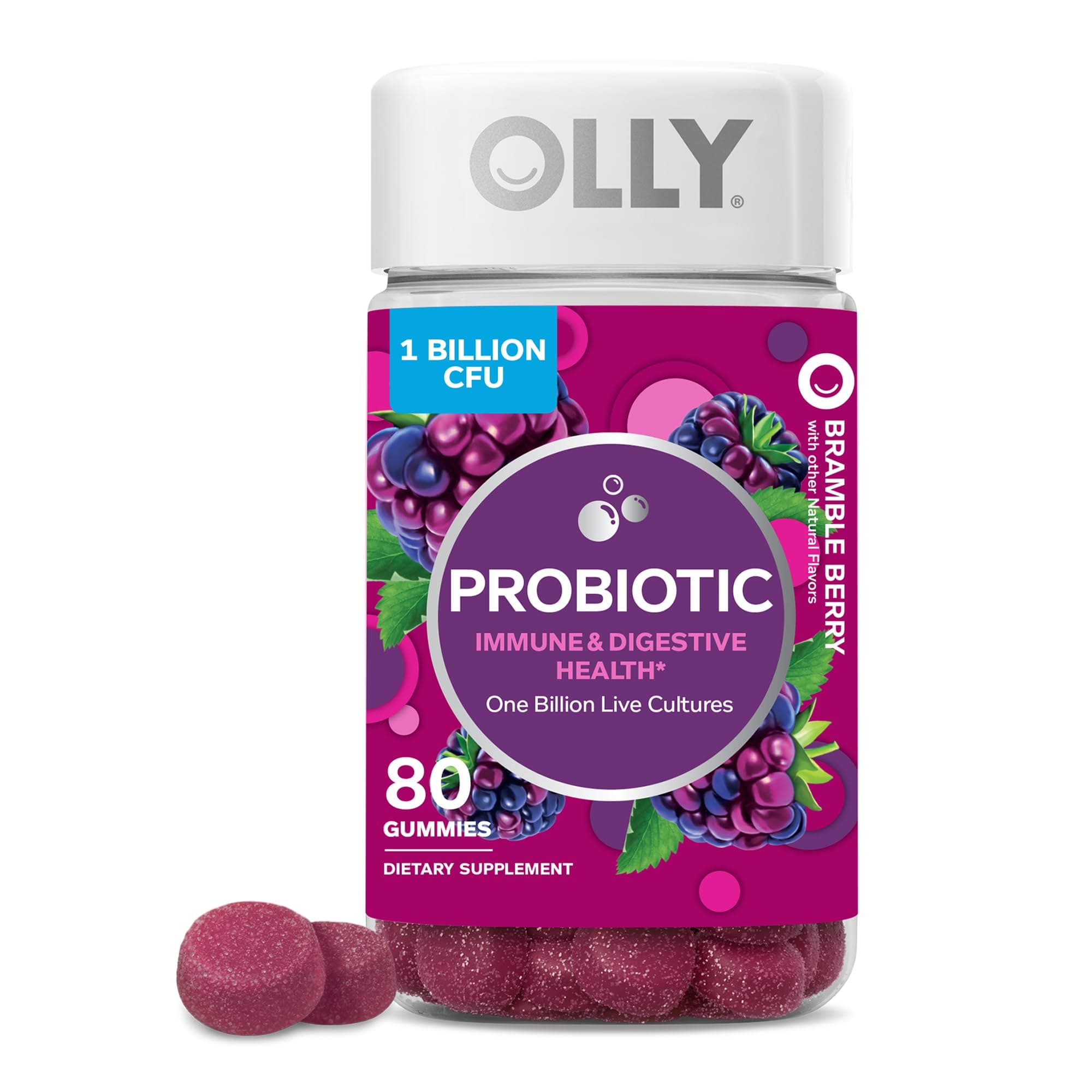 OLLYProbiotic Gummy, Immune and Digestive Support, 1 Billion CFUs, Chewable Probiotic Supplement, Berry, 40 Day Supply - 80 Count