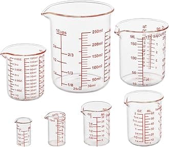 - Ackers 7-Piece Glass Measuring Cup Set, Borosilicate Beaker Style Nesting Liquid Measuring Cups