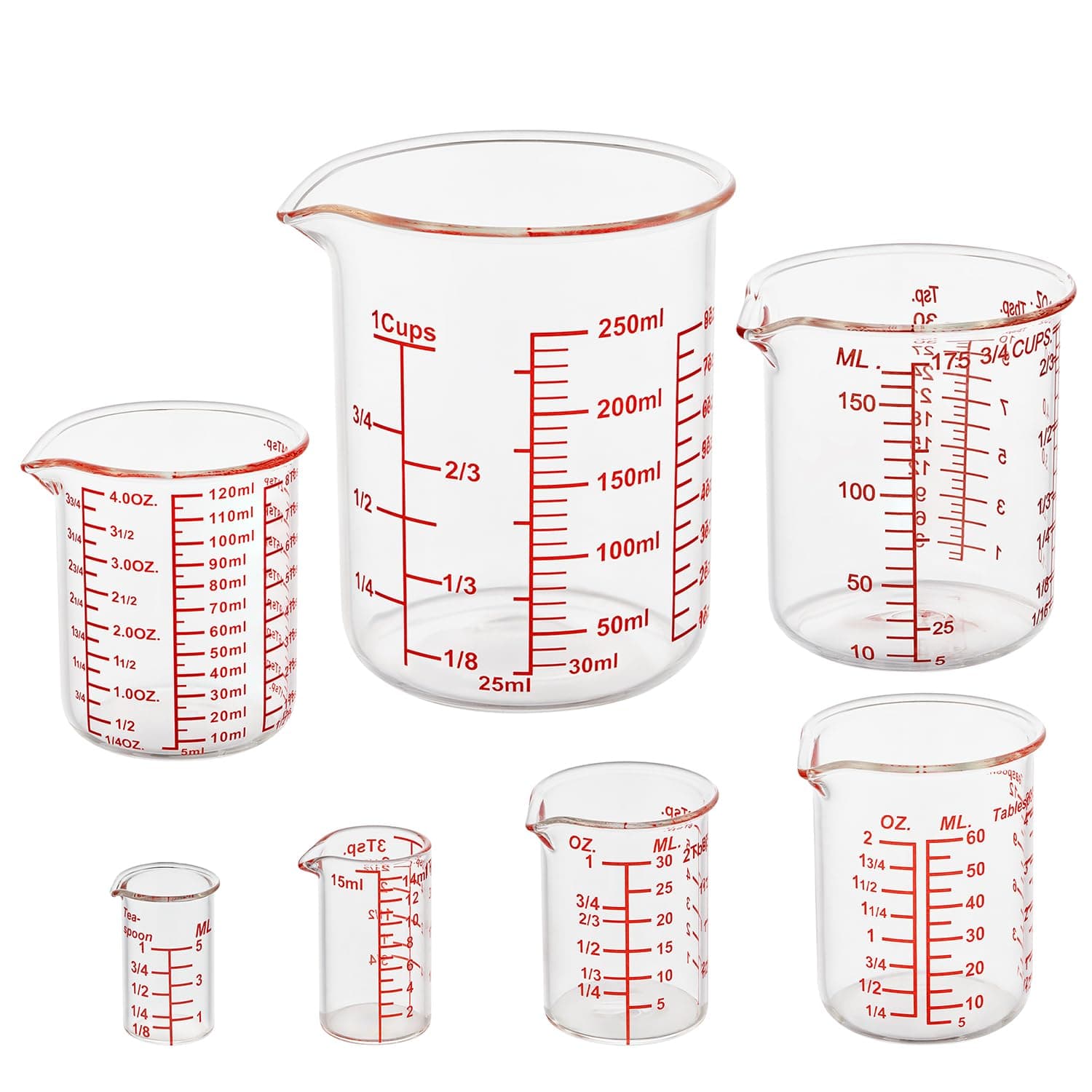 - Ackers 7-Piece Glass Measuring Cup Set, Borosilicate Beaker Style Nesting Liquid Measuring Cups