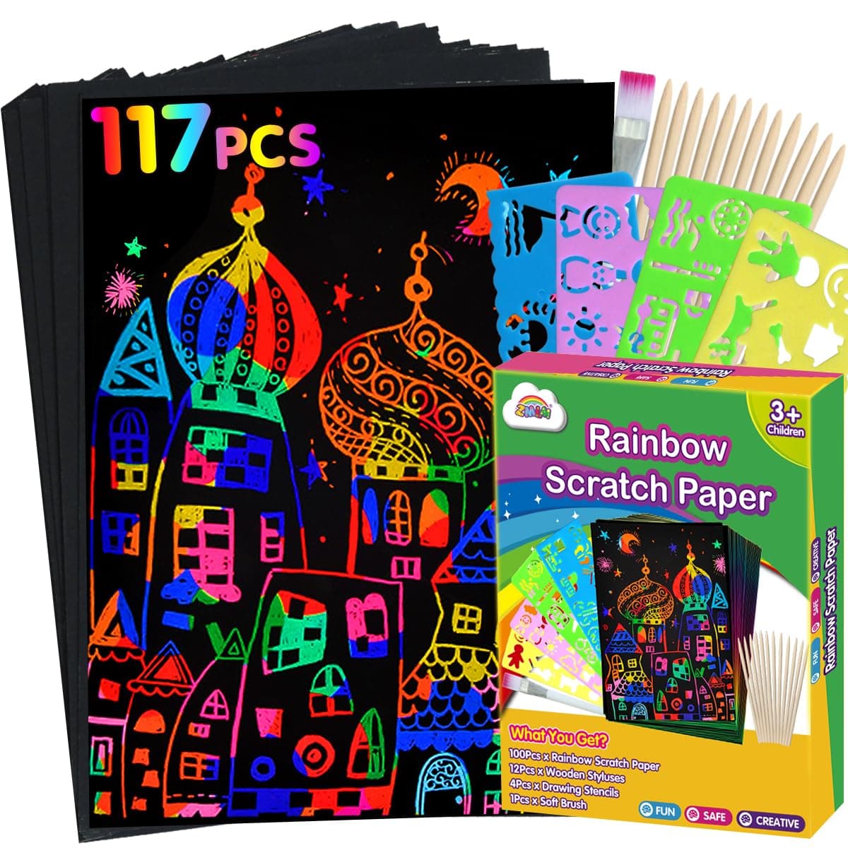 ZMLM Rainbow Scratch Paper Kit: 117Pcs Magic Art Craft Stuff Supplies Black Drawing Pad for Age 3-12 Kids Children Girl Boy DIY Toy Activity Educational Party Faver Christmas Birthday Gifts