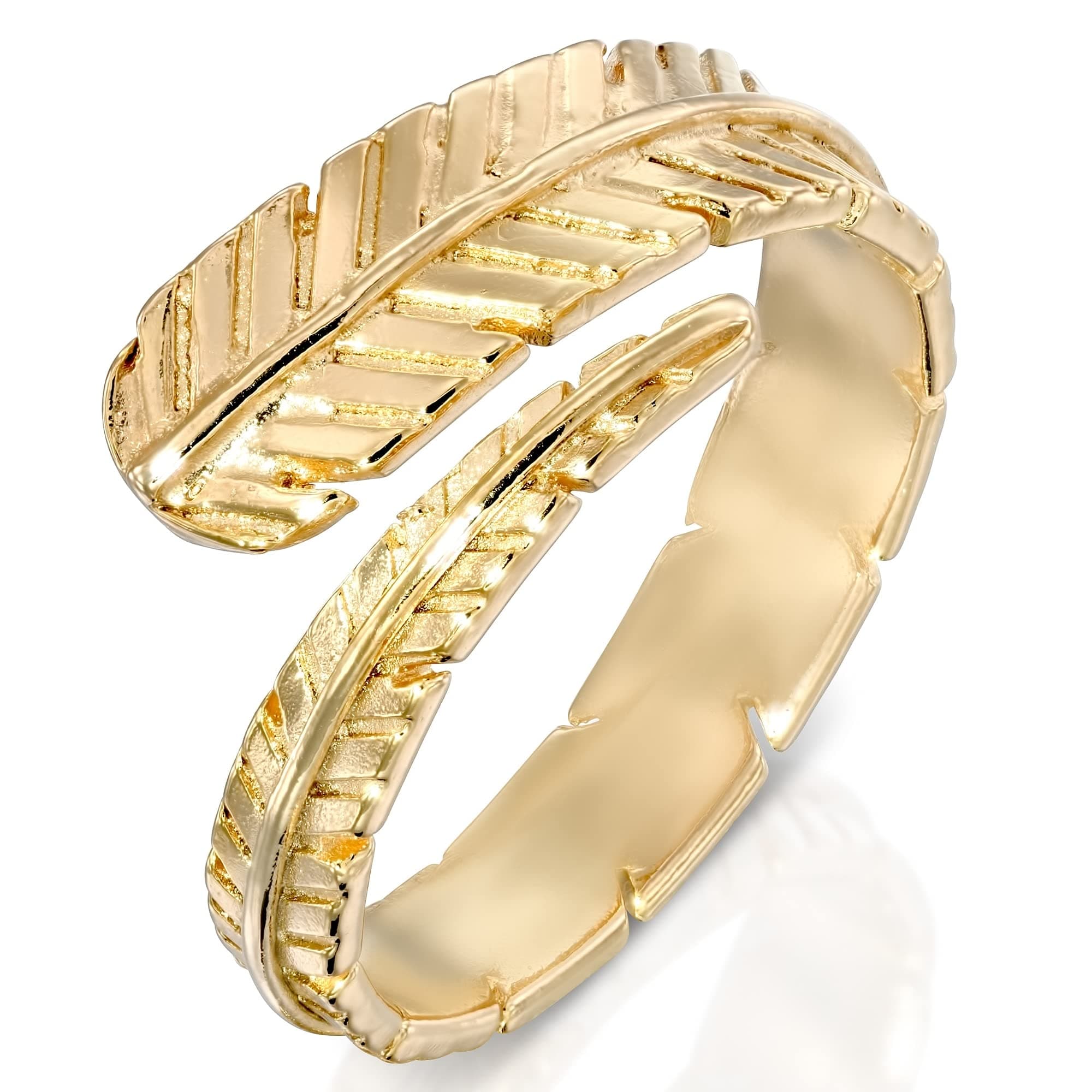Adjustable Feather Ring - 14K Gold Plated over 925 Sterling Silver Customizable Open Ended Spiral Ring, Dainty Flexible Feather Ring, Wrap and Fit to Every Finger, Handmade Jewelry Rings for Women