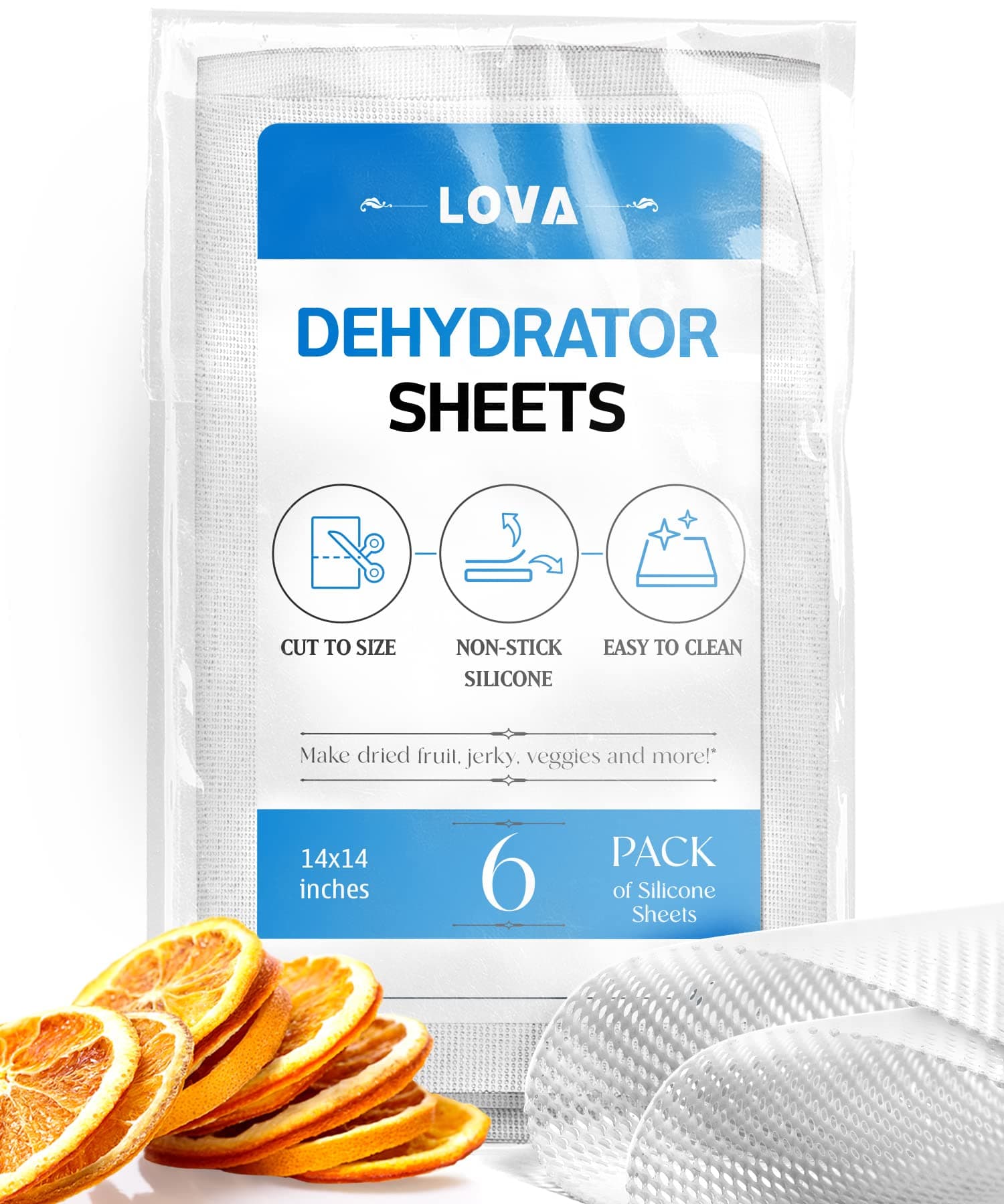 Lova Dehydrator Sheets (6 Pack, Silicone) - Fruit, Jerky & Veggies - Food Dehydrator Sheets for Excalibur, Cosori & Magic Mill Dehydrators