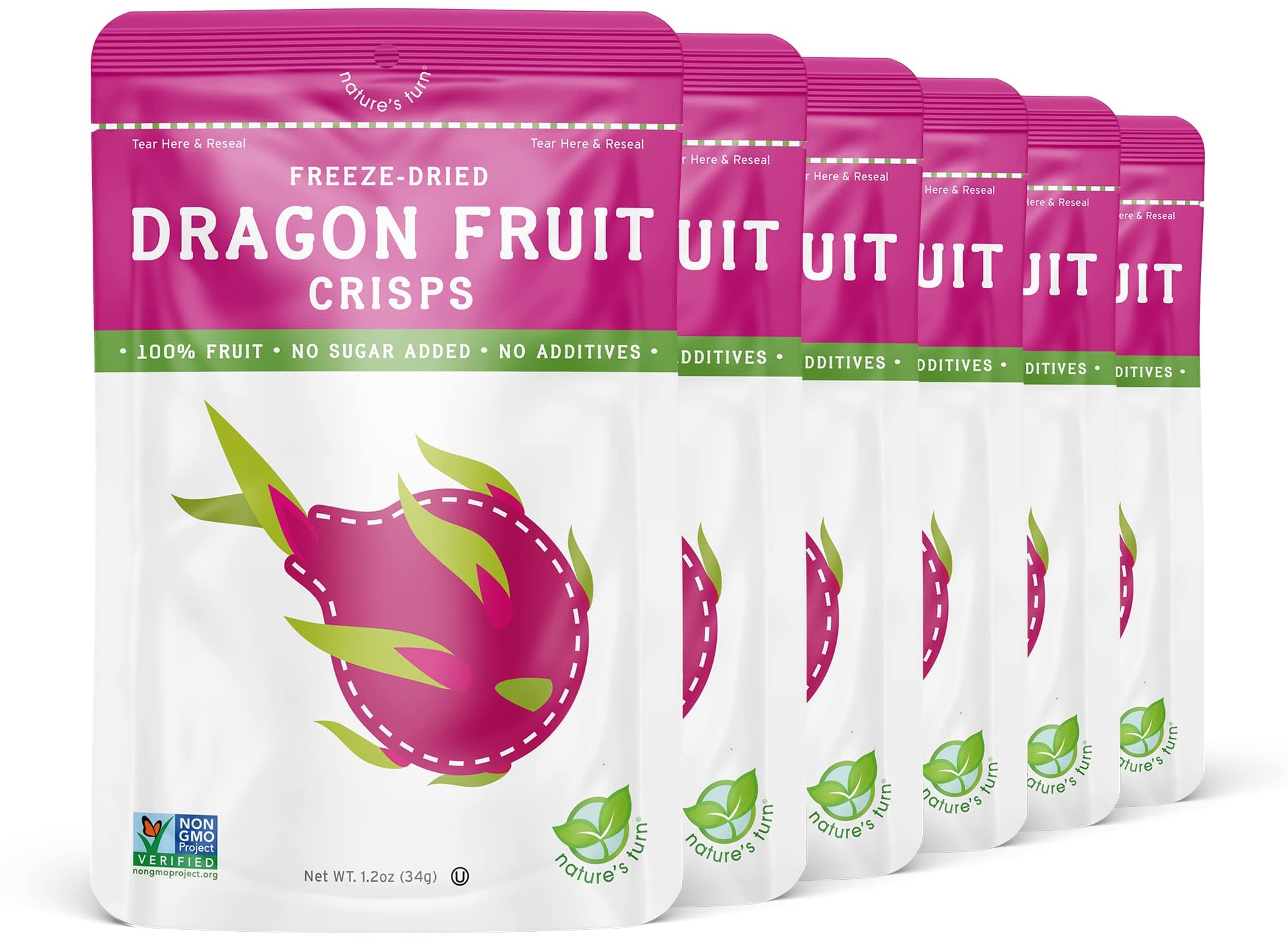 Nature’s Turn Freeze-Dried Dragon Fruit Crisps – Healthy, Gluten-Free, Crispy & Delicious, Plant-Based Snack, Ideal for Cereal, Smoothies, School Lunches, & On-the-Go, Bags of 6 (1.2 oz Each)