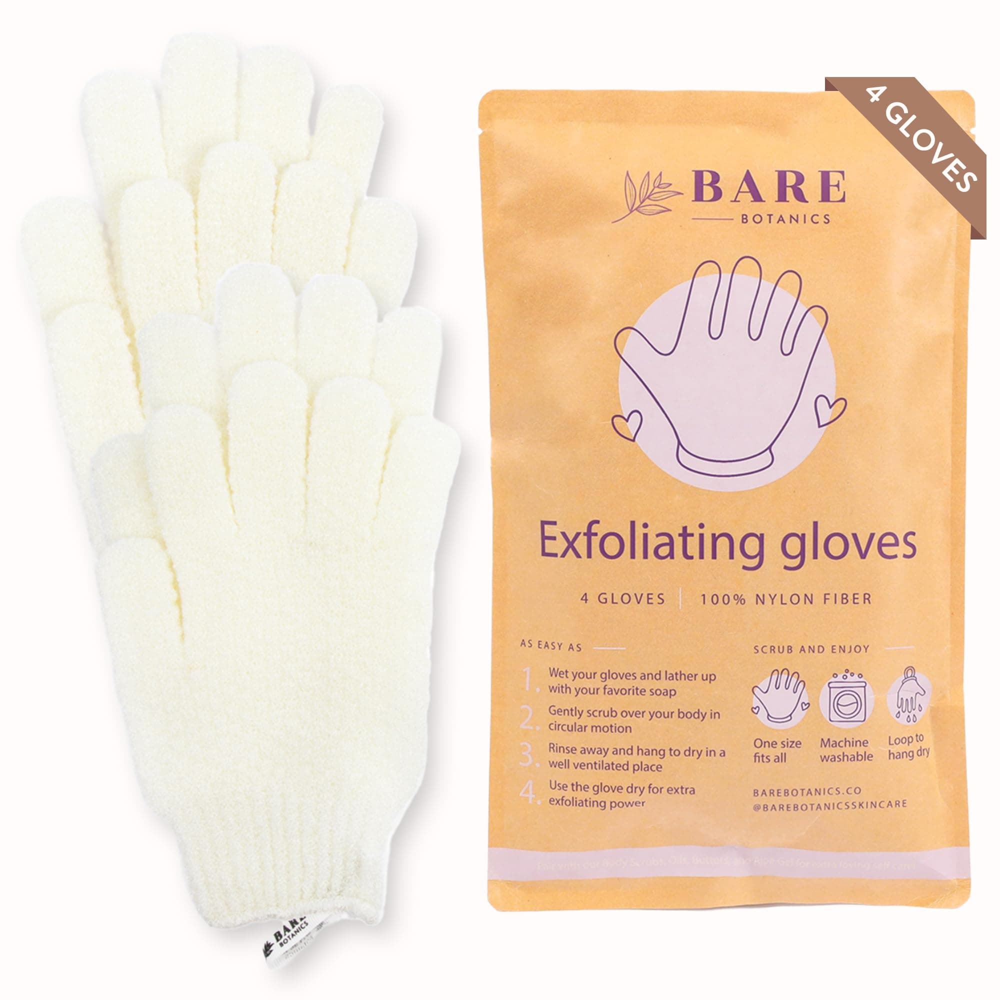 Bare Botanics 4 Pack White Exfoliating Shower Gloves - 100% Nylon Fibers for Gentle Exfoliation - for Both Wet or Dry Exfoliation - Machine Washable - Vegan & Cruelty-Free