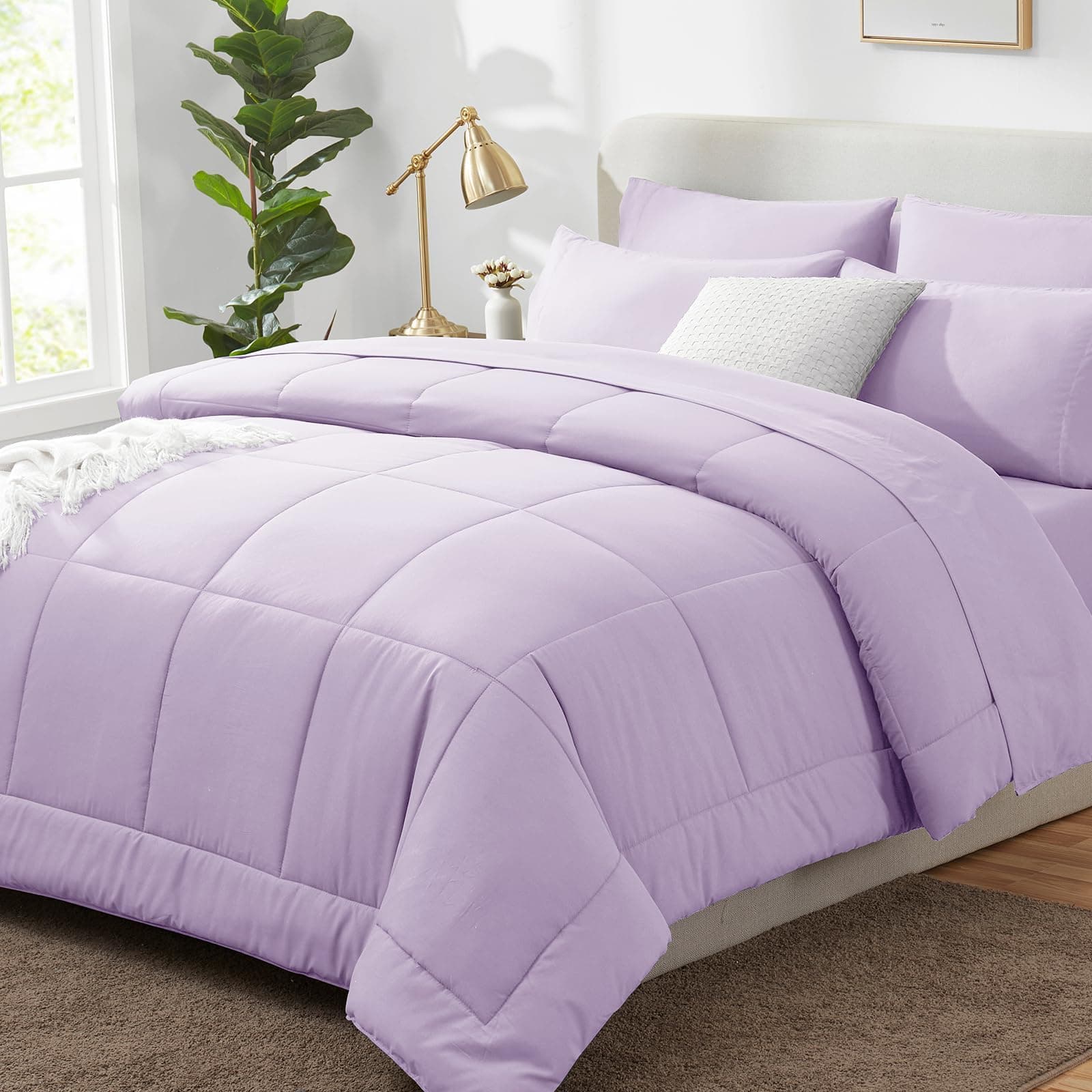 CozyLux Queen Comforter Set Lavender, 7 Pieces Bed in a Bag, Light Purple Comforters Queen Size, All Season Bedding Sets with Stitch Quilted Comforter, Flat Sheet, Fitted Sheet, Pillowcases