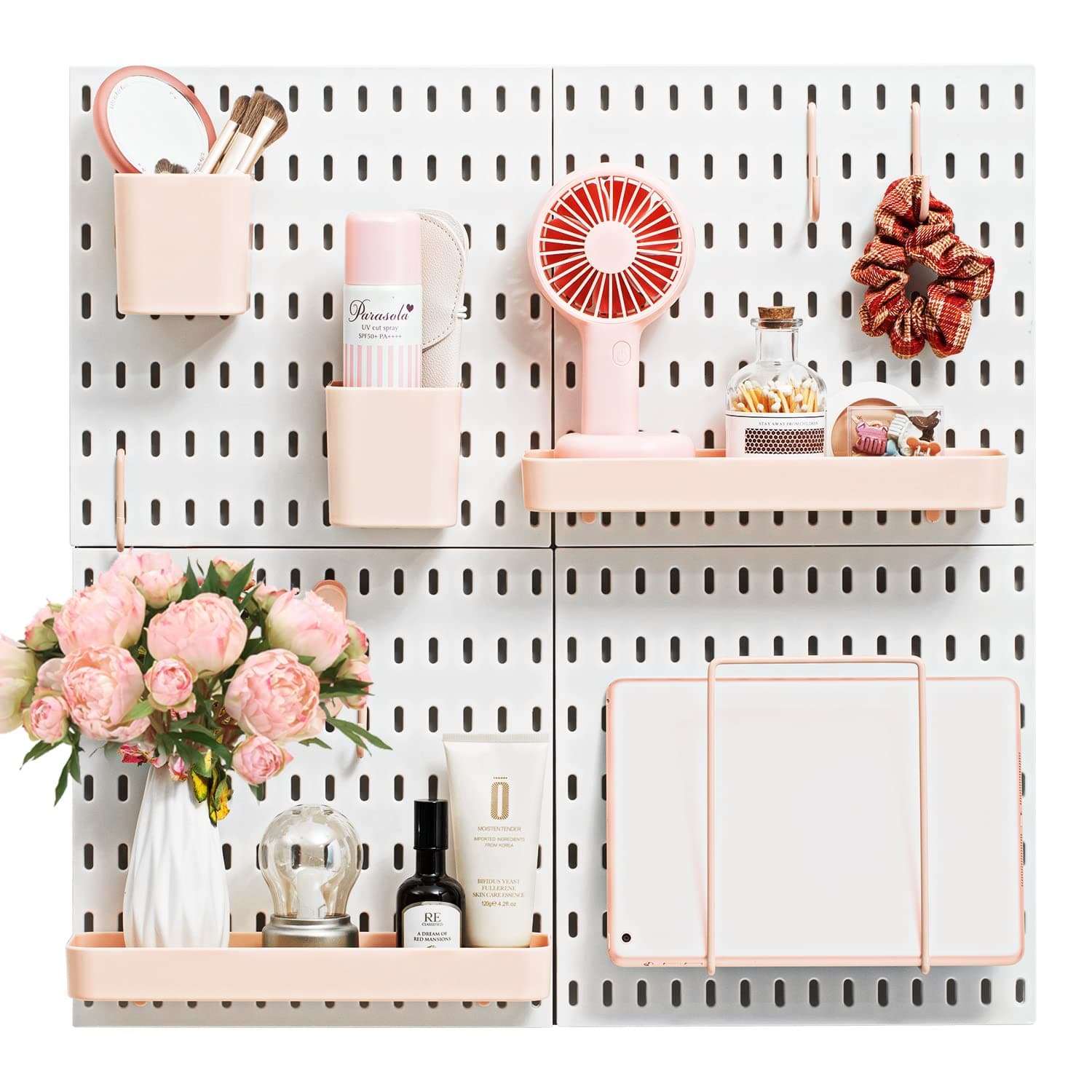 VUSIGNPegboard Combination Wall Organizer Kit, 4 Pieces Pegboards and 17 Accessories Modular Hanging, Wall Mount Display Peg Board Panel Kits for Bedroom, Home, Office, Bathroom, 22" x 22", Pink