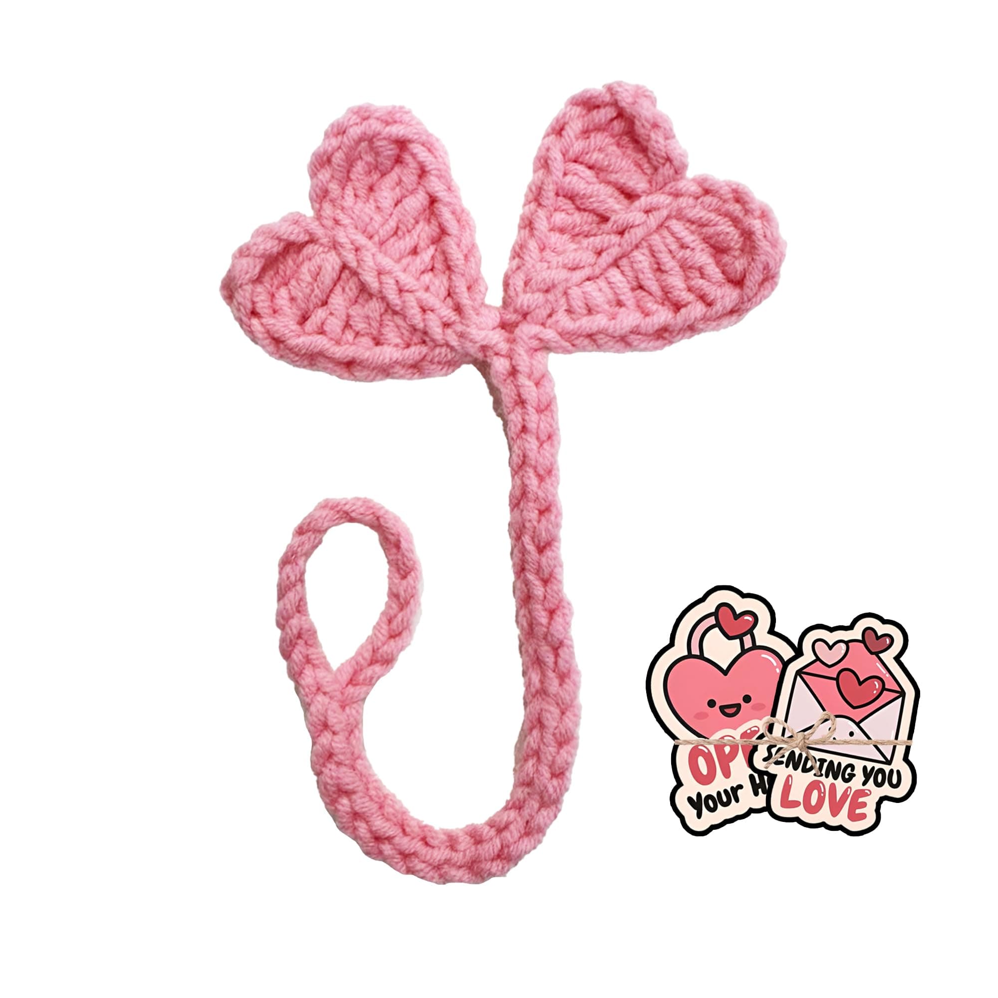 Crochet Pink Heart Leaf Sprout, Handmade Valentine's Gift Idea, Ideal Corner Bookmark for Bookworms, Love Headphone Accessory and Cable Tie Crochet Cable Tie, Crochet Cord Organizer