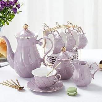 DUJUST 22 pcs Porcelain Tea Set for 6, Luxury British Style Tea/Coffee Cup Set with Golden Trim, Beautiful Tea Set for Women, Tea Party Set, Gift Package (With a Stand) - Purple
