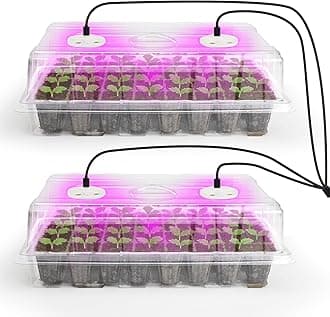 2-Pack Seed Starter Tray with Plant Light, Elevated Seedling Starter Trays Kits with Adjustable Humidity Domes and Clear Cell Tray, 12 Full Spectrum Led Lamp Beads for Plants Indoor-Clear