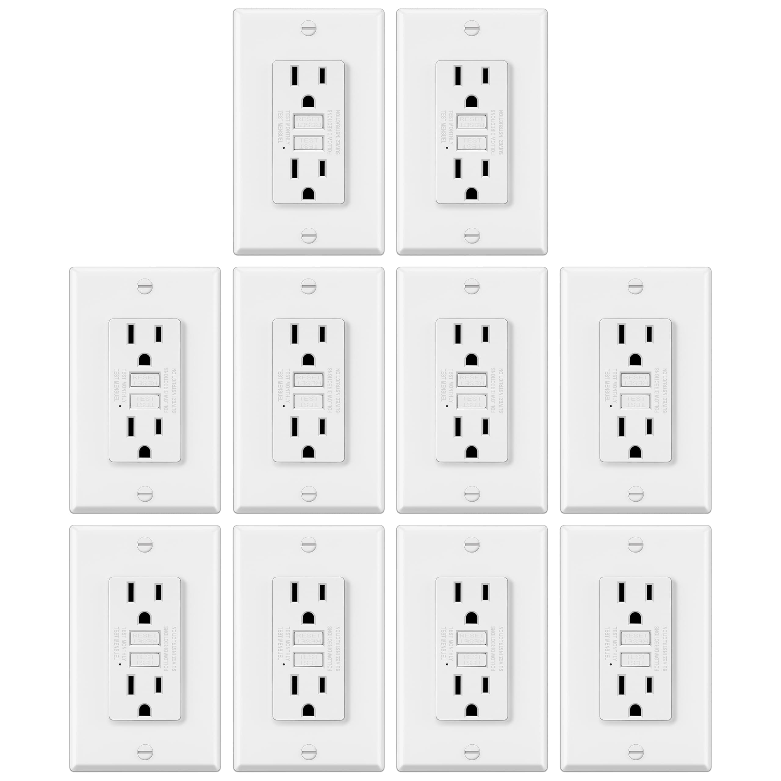 10 Pack GFCI Outlets 15 Amp, Non-Tamper Resistant, Decor GFI Receptacles with LED Indicator, Ground Fault Circuit Interrupter, Wallplate Included, ETL Listed, White