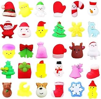 Christmas Mochi Squishy Toys for Kids, Girls, Boys - 30 Pack Moochies Squeeze Soft Fidget Toy, Mini Kawaii Moji for Xmas Party Favors, Treat Bags, Stocking Filler Gifts