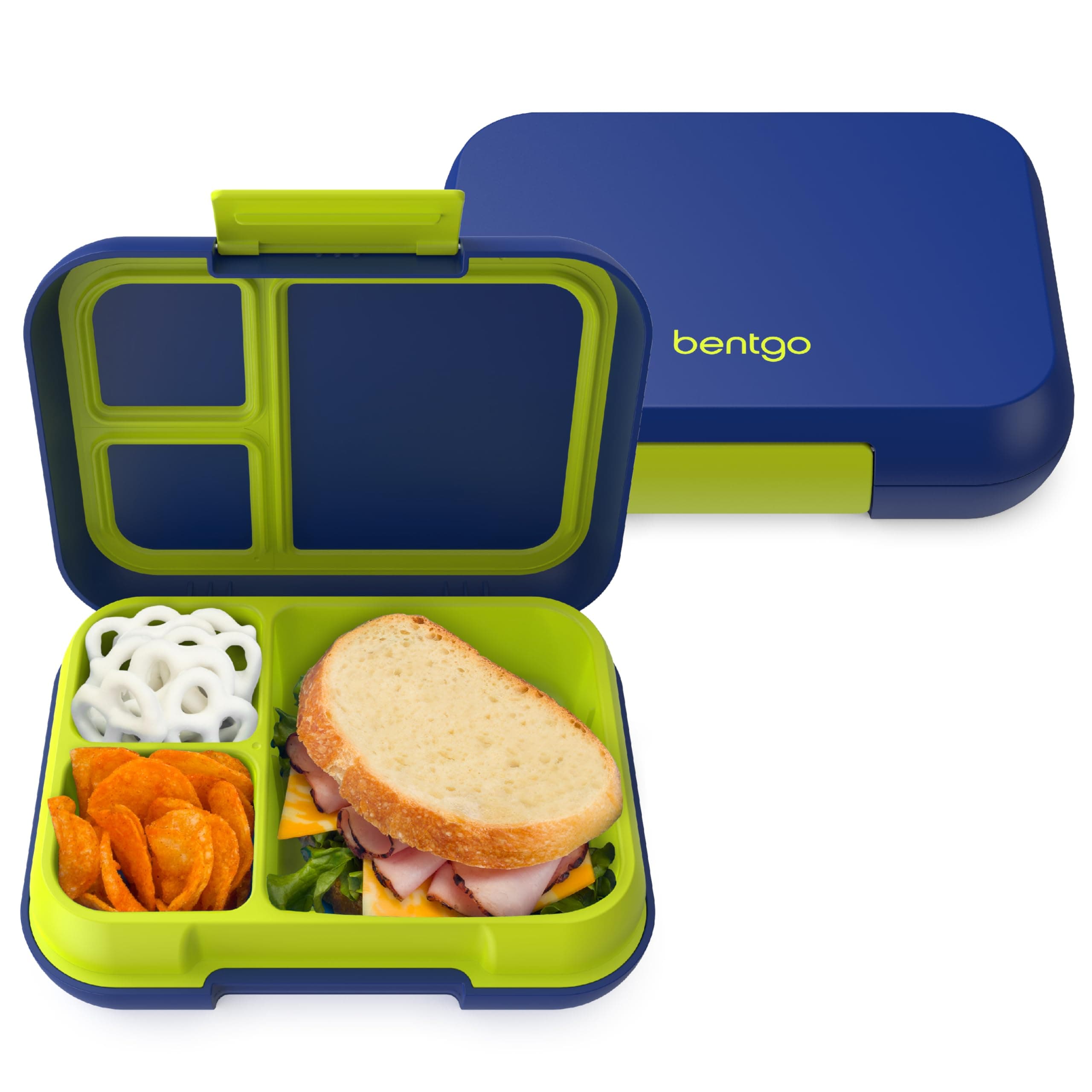 Bentgo Pop - Leak-Proof Lunch Box & Removable Divider for Ages 8+ & Teens - Lunch Container Holds 5 Cups of Food; 3-4 Compartments; Microwave/Dishwasher Safe; 2 Year Warranty (Navy Blue/Chartreuse)
