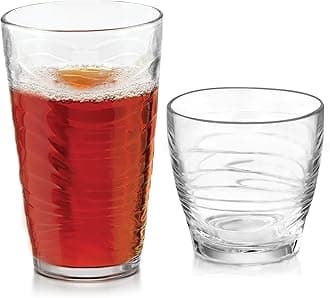 Orbita Rocks and Tumbler Drinking Glasses Set of 16, Durable Glass Cups Set with Wave Pattern, Glassware Drinking Glasses for Any Occasion
