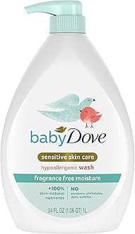 Baby Dove Sensitive Skin Care Baby Wash Fragrance Free Moisture For Baby Bath Time Fragrance Free and Hypoallergenic, Washes Away Bacteria 34 oz (Pack of 1)