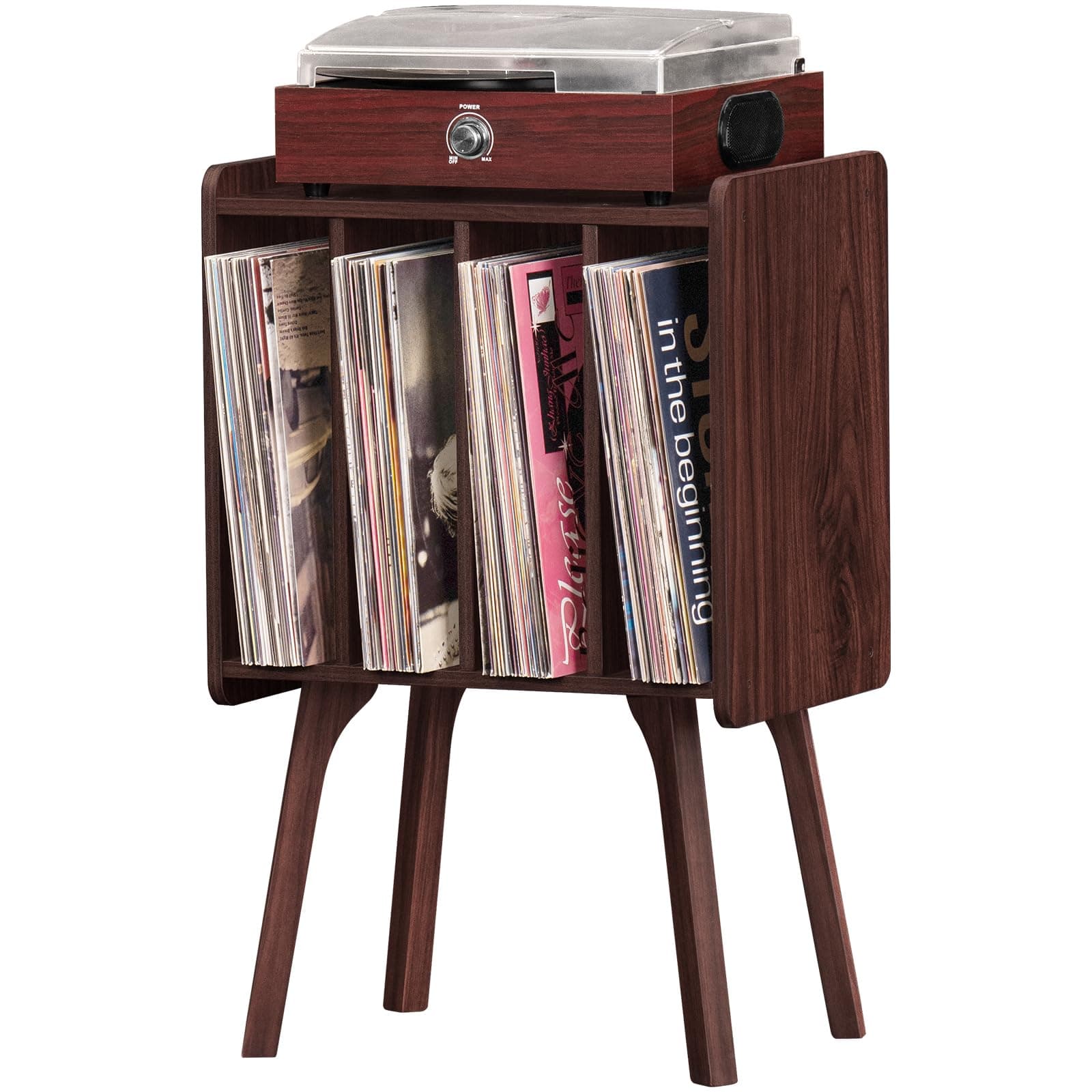Small Record Player Stand - Width 11.7 in, Walnut Vinyl Record Storage Table with 4 Cabinet Up to 80 Albums, Vinyl Holder with Wood Legs,Turntable Stand Display Shelf for Bedroom Living Room