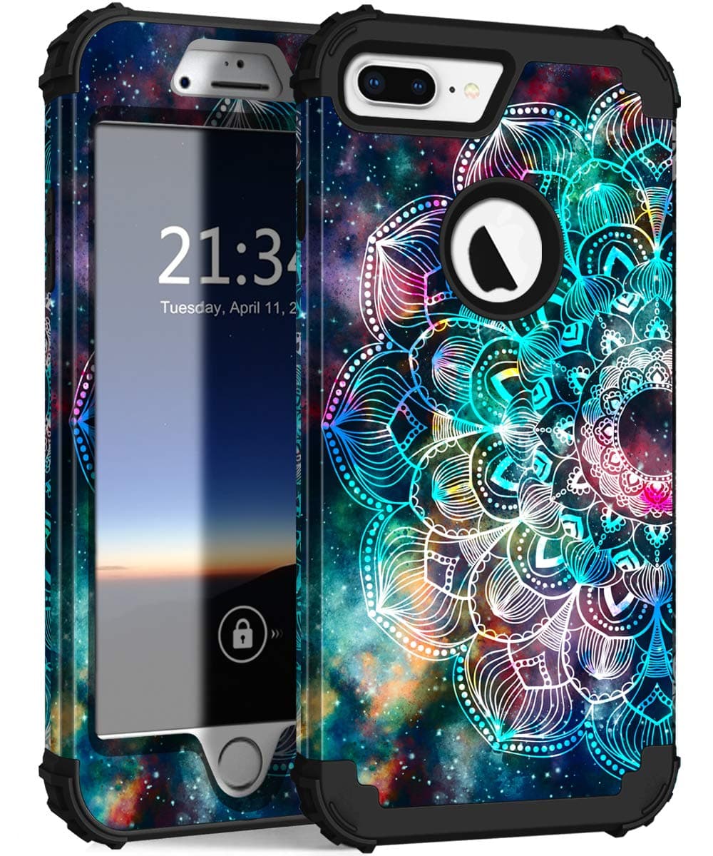 Hocase iPhone 8/7 Plus Case - Mandala in Galaxy, Heavy Duty Shockproof Hybrid Protection Hard Plastic + Silicone Rubber