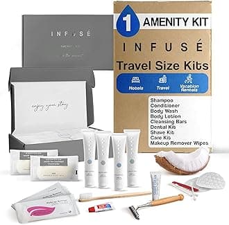 Infuse Amenity & Accessory Kit | 1 oz Travel Size Shampoo, Conditioner, Lotion, Body Wash, 2 Cleansing Bars, Shave & Dental Sets, Make-Up Remover Wipes, & Vanity Kit | 1 set per case