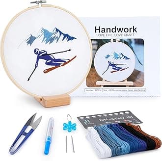 Embroidery Kit for Adult Beginners,Skiers Snow Mountain Embroidery Kit with Step-by-Step Instructions & Video,Printed Cloth,7.87" Hoop,Display Stand,Color Threads and Tools for Craft Lover(BES012)