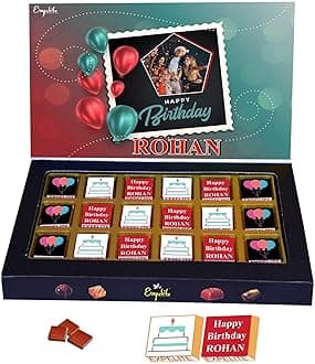 Expelite Birthday Balloons Theme Gift, 18 Pieces Personalised Chocolate Box With Birthday Greeting Card, Dry Fruits Almond, Cranberry, Paan, Butterscotch Flavour Chocolate Gift Pack,20 Gram