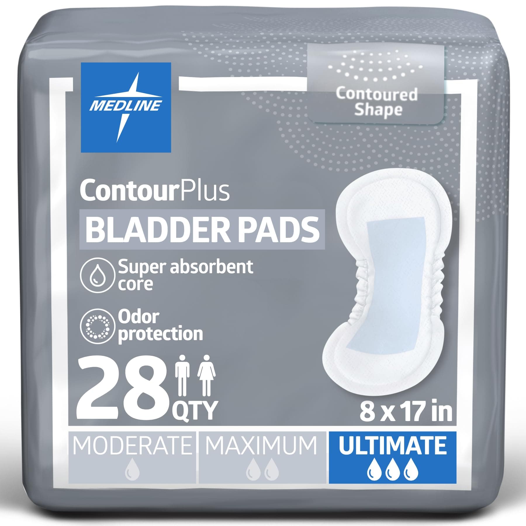 BCPE03Z Contour Plus Bladder Control Incontinence Pads, Ultimate Absorbency, 8" x 17" (Pack of 28) - Packaging May Vary