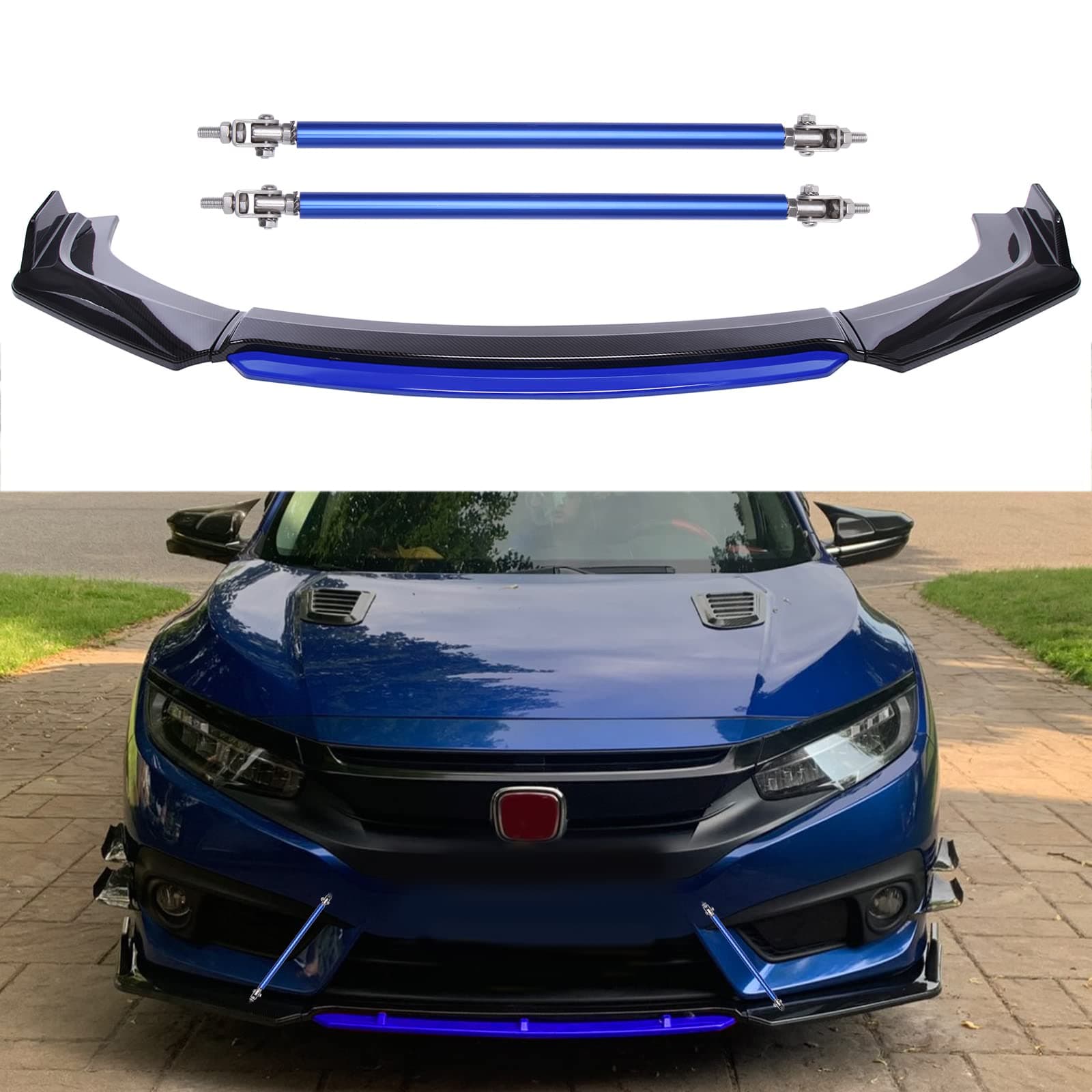 Universal Front Bumper Lip Body Kit, ABS Front Spoiler Black&Red Front Bumper Lip Splitter Body Kit with Red Strut Rods (with Adjustable 10"-13" Support Rods, Black-Blue)
