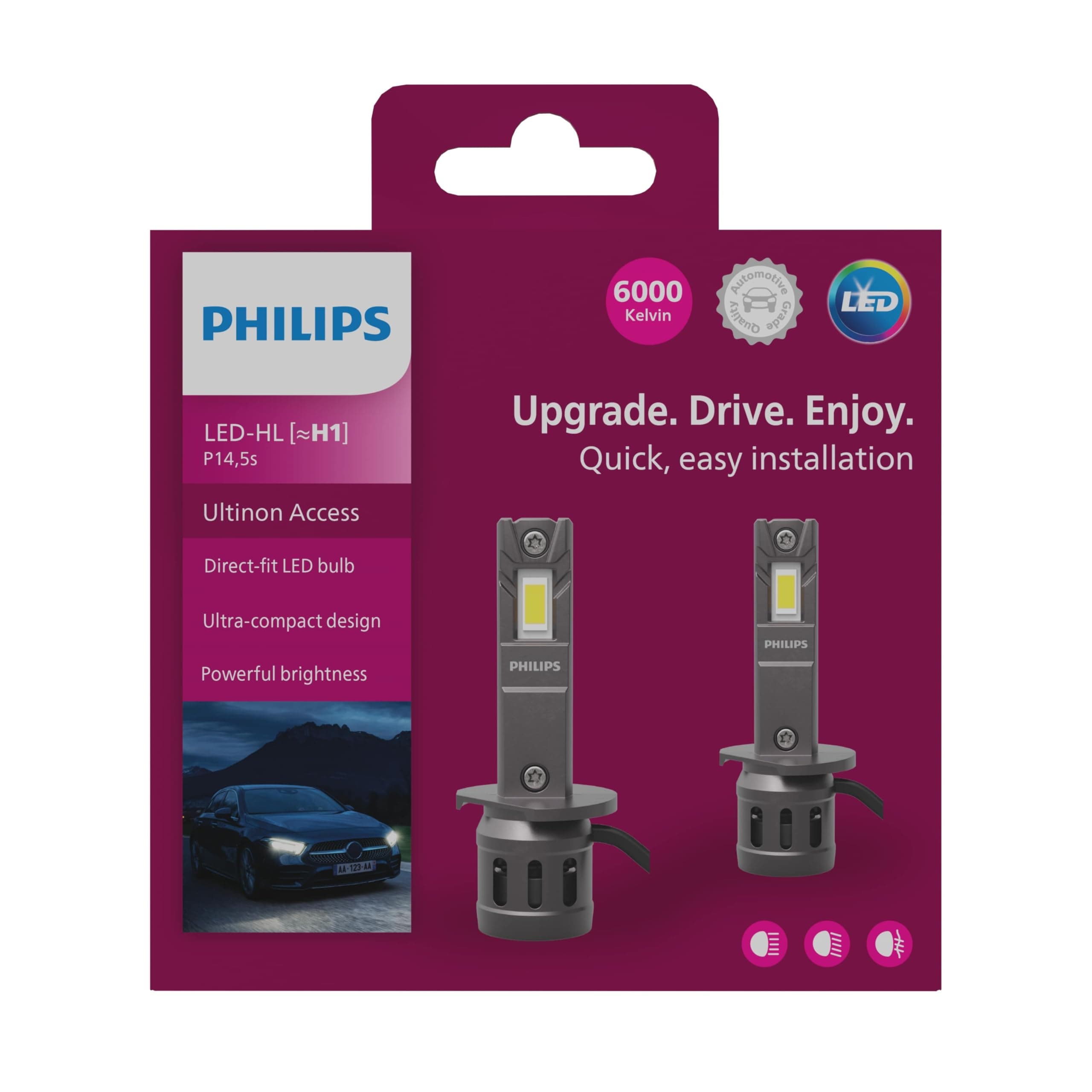 PHILIPS Ultinon Access LED car headlight bulb H1, ultra-compact direct-fit, 6000K, set of 2, White