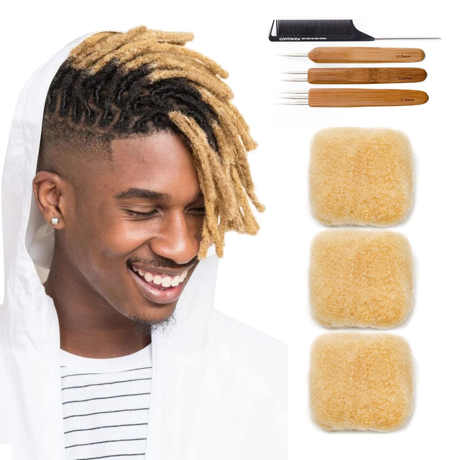 Tight Afro Kinky Bulk 100％ Human Hair for Draedlock Extensions, Repair Locs, Twists and Braids - 16 Inch, #613 (16 Inch (Pack of 3), #613 - Blonde)