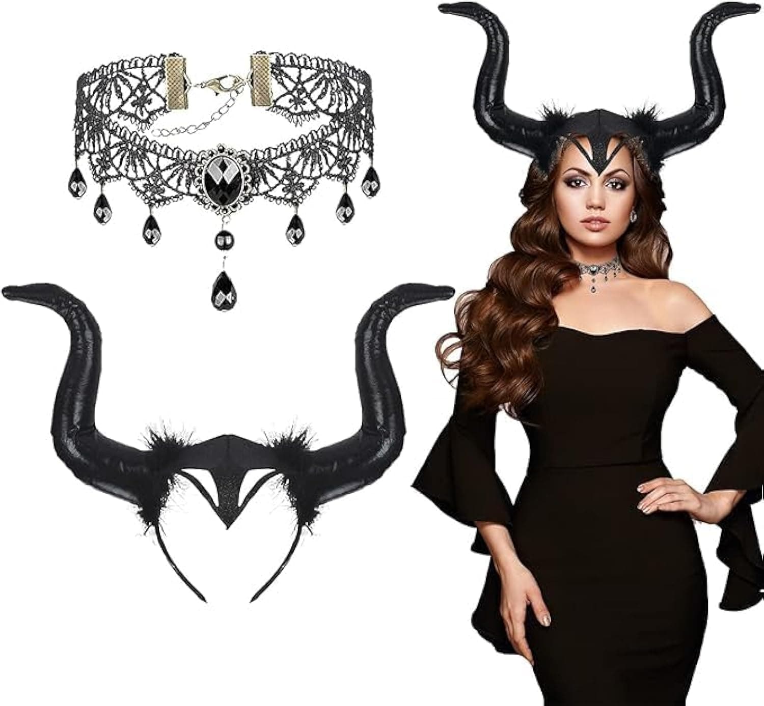 Witch Horn Headband, Evil Witch Horn Devil Demon Halloween Devil Hair Accessories with Gothic Retro Lace Necklace for Halloween Masquerade Carnival Fancy Party