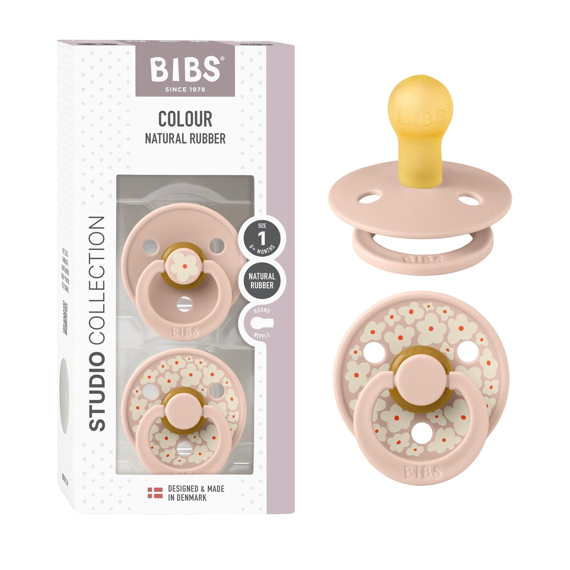 BIBS Colour Studio Soother 2-Pack, BPA Free Dummy Pacifier, Round Nipple. Natural Rubber Latex, Made in Denmark, Size 1 (0-6 Months), Blush Mix