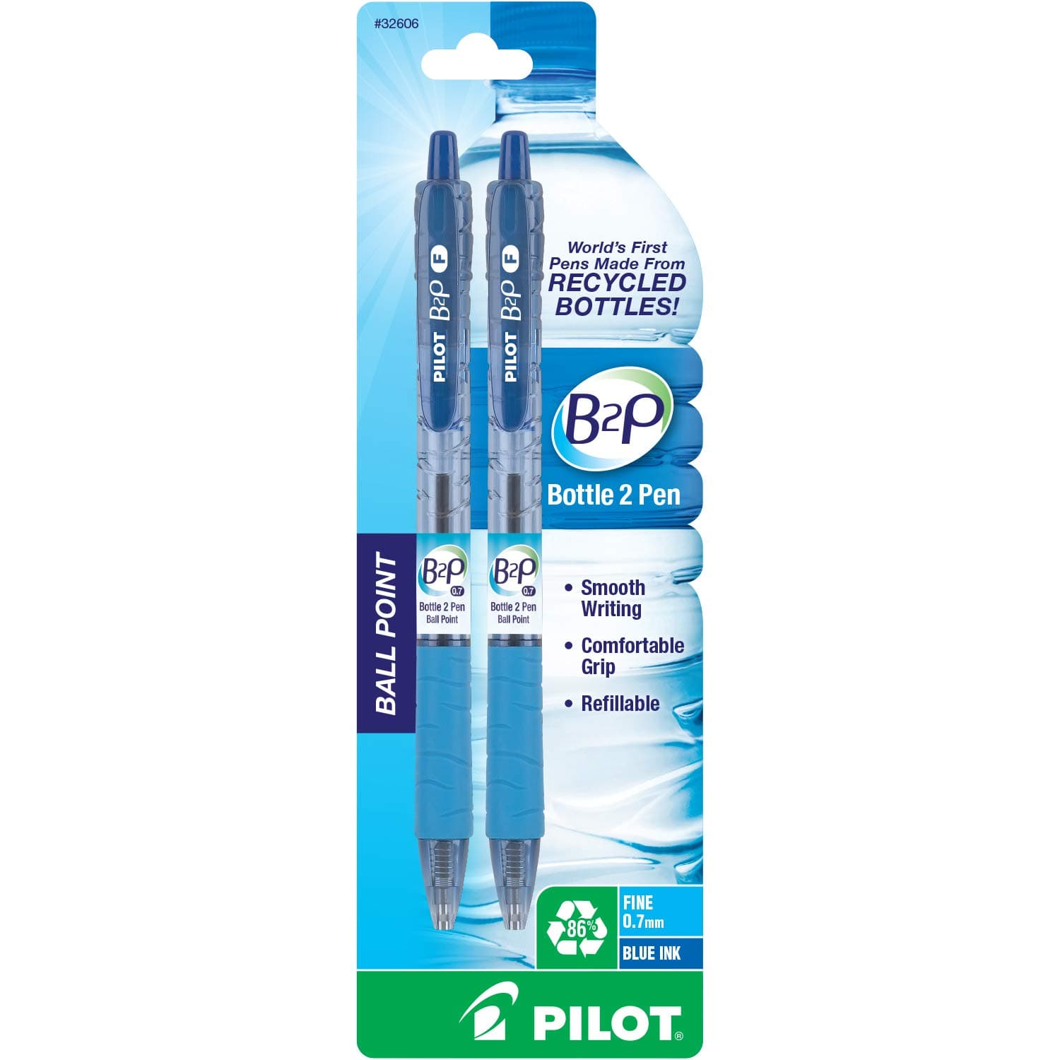 PILOT B2P - Bottle to Pen Refillable & Retractable Ball Point Pen Made From Recycled Bottles, Fine Point, Blue Ink, 2-Pack (32606)