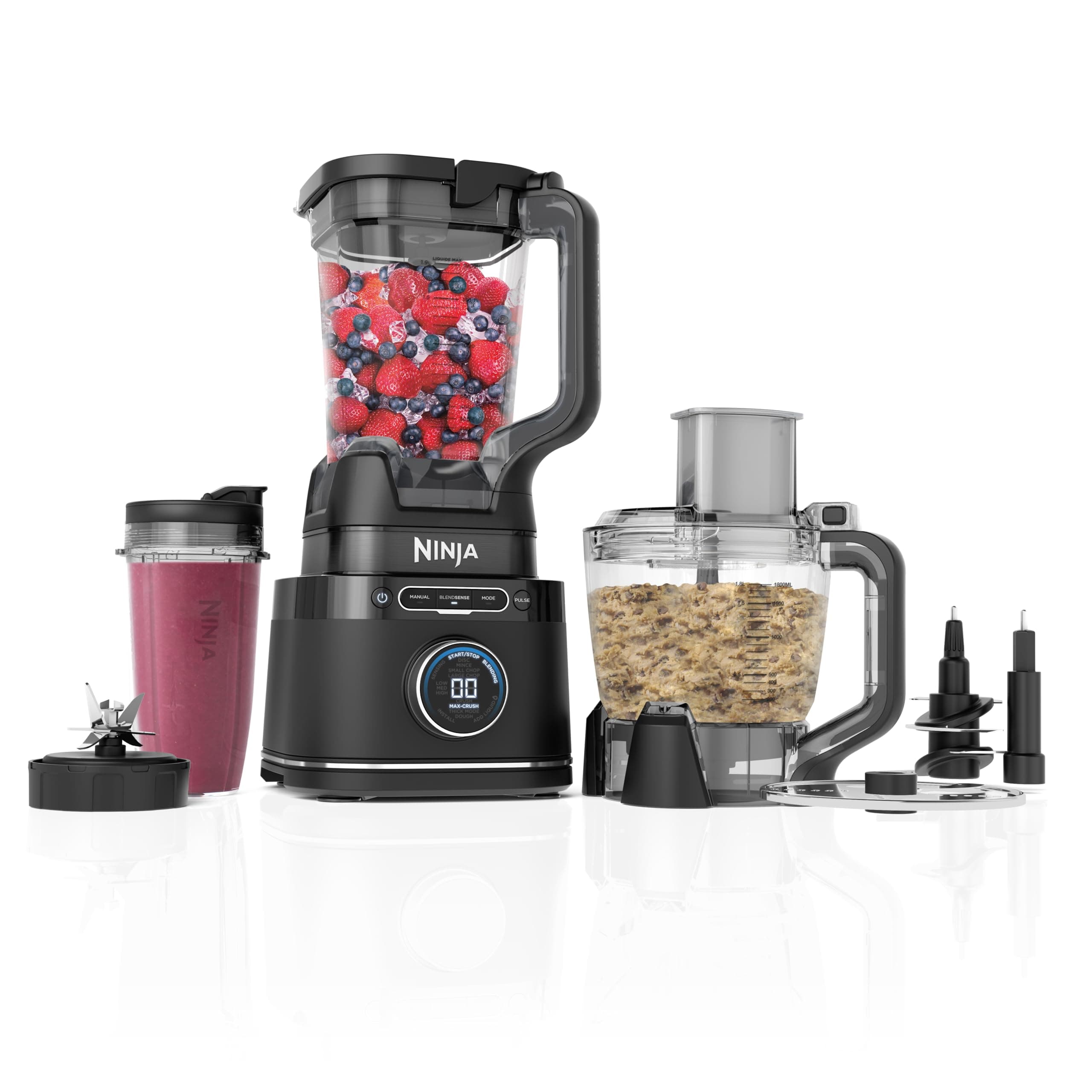 Ninja 3-in-1 Detect Power Blender Processor Pro, Powerful 1200W Blender, Food Processor Bowl, Dough Blade, 1x Single Serve Cup, Jug, Make Pizza Dough, Blend, Chop & Mix, Black, TB401UK
