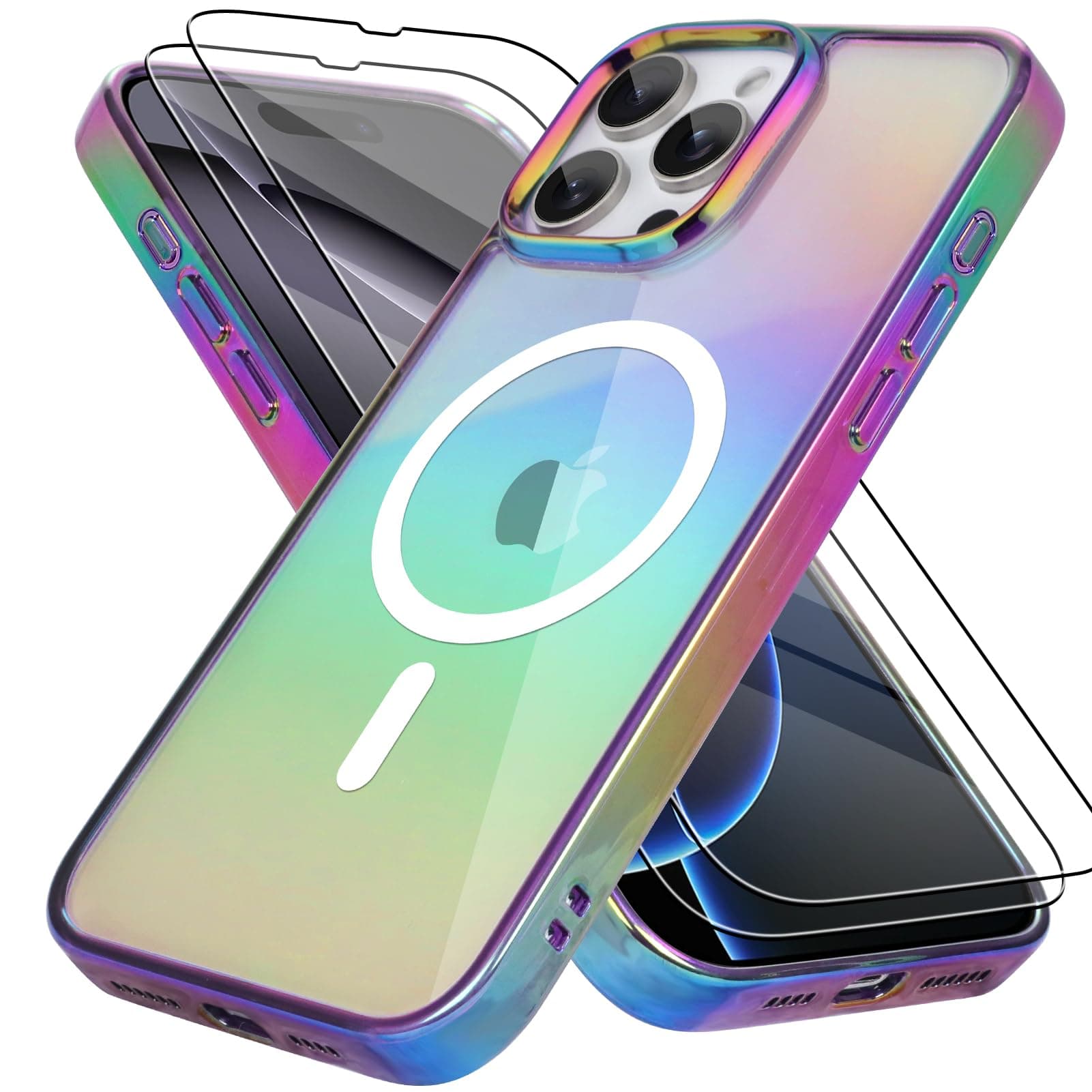 Bonoma for iPhone 16 Pro Max Case Magnetic 【Support for Magsafe】 Bling Laser Iridescent Florescent Crystal Luxury Camera Protector + 2* Screen Protector Shockproof Edge Cover -Purple