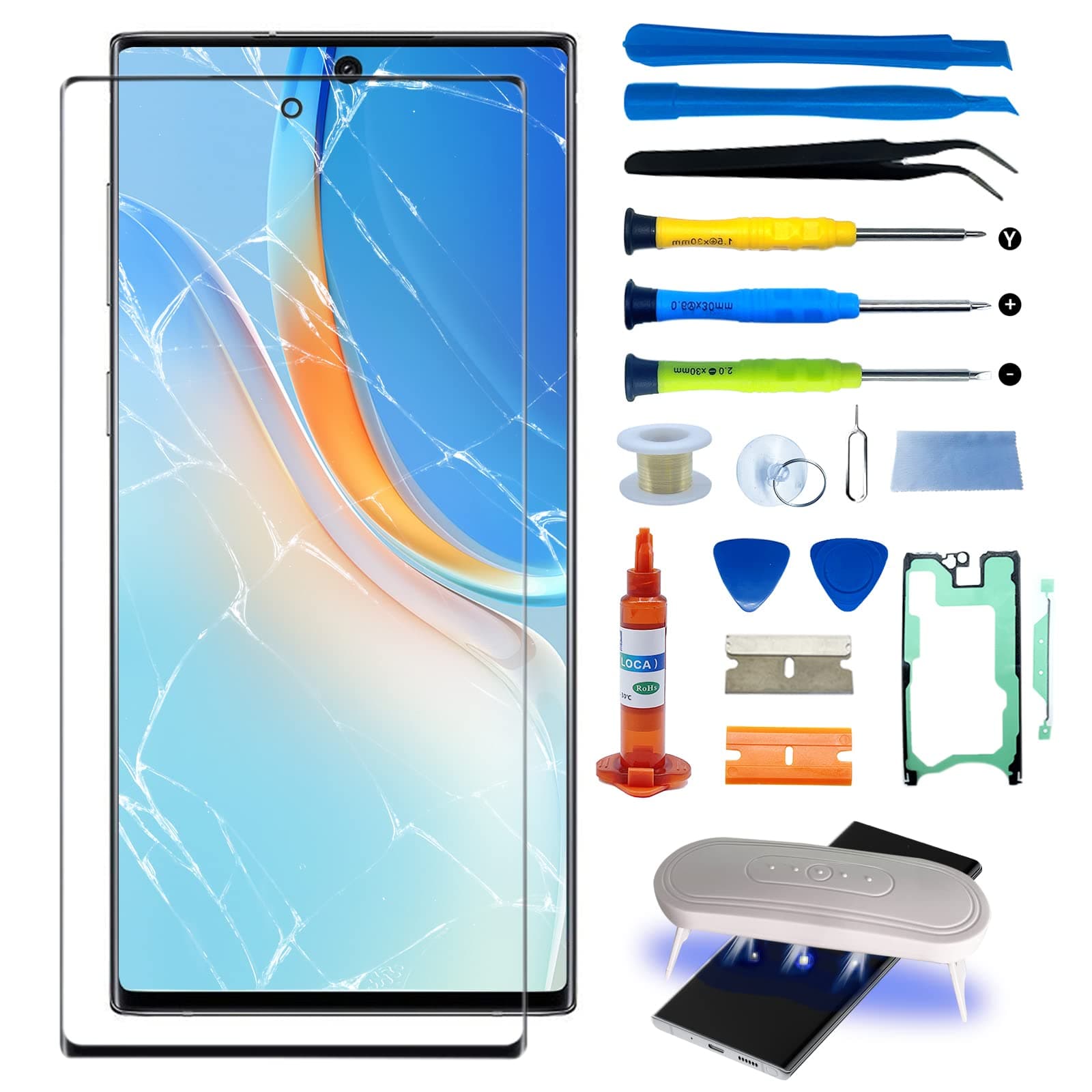 Original Samsung Galaxy Note 10 Plus Screen Replacement 6.8 inch 10+ Series Front Glass Repair Kit incl Waterpoof Frame Adhesive,Repair Glue and Lamp Tool Kit(No Digitizer,No LCD) SM-965 Series