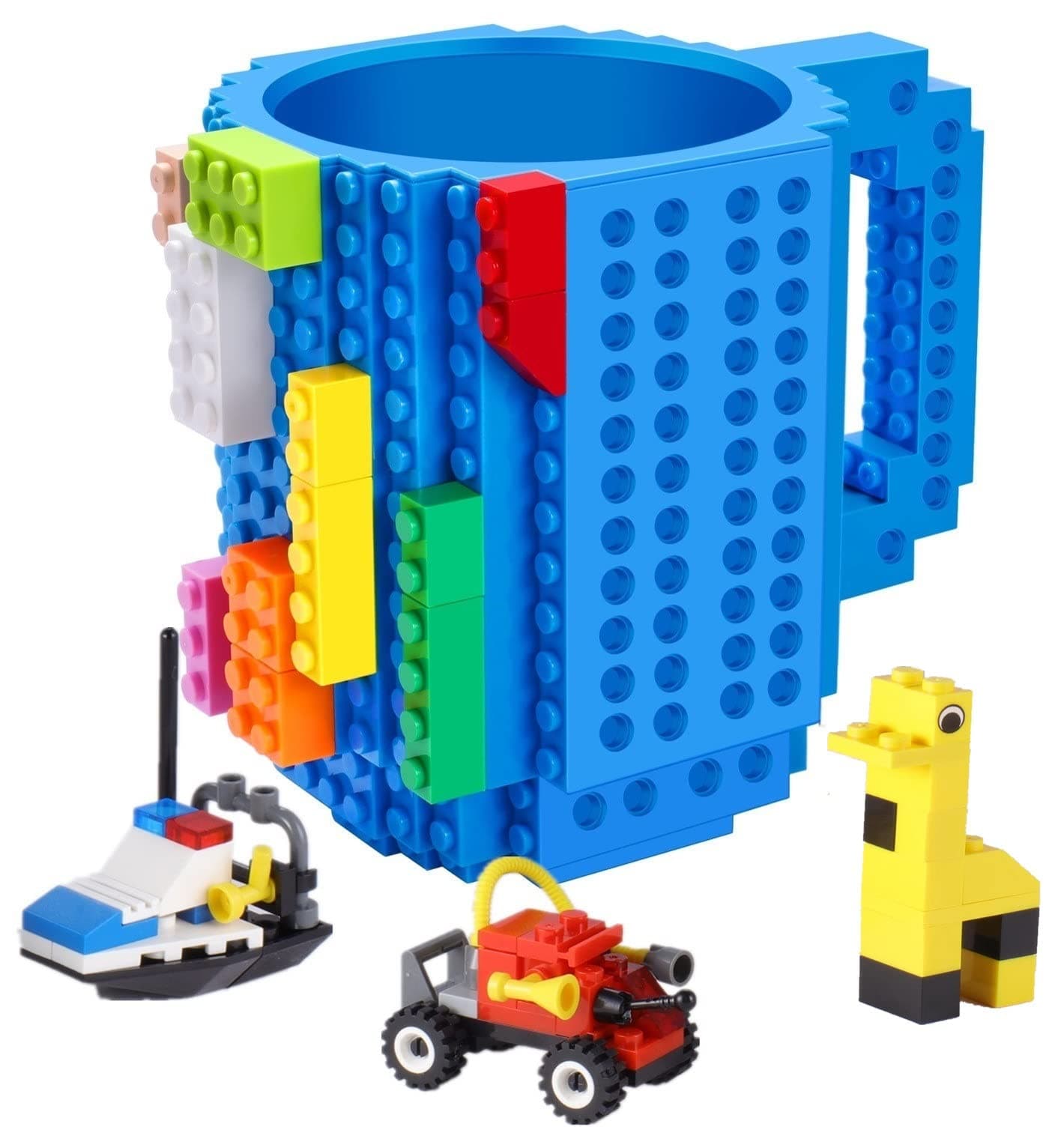 POXIWIN Build-on Brick Coffee Mug,Creative DIY Building Blocks Cup with 3 Packs of Blocks randomly,Novelty Gifts for Kids Men Women Birthday Xmas,Blue