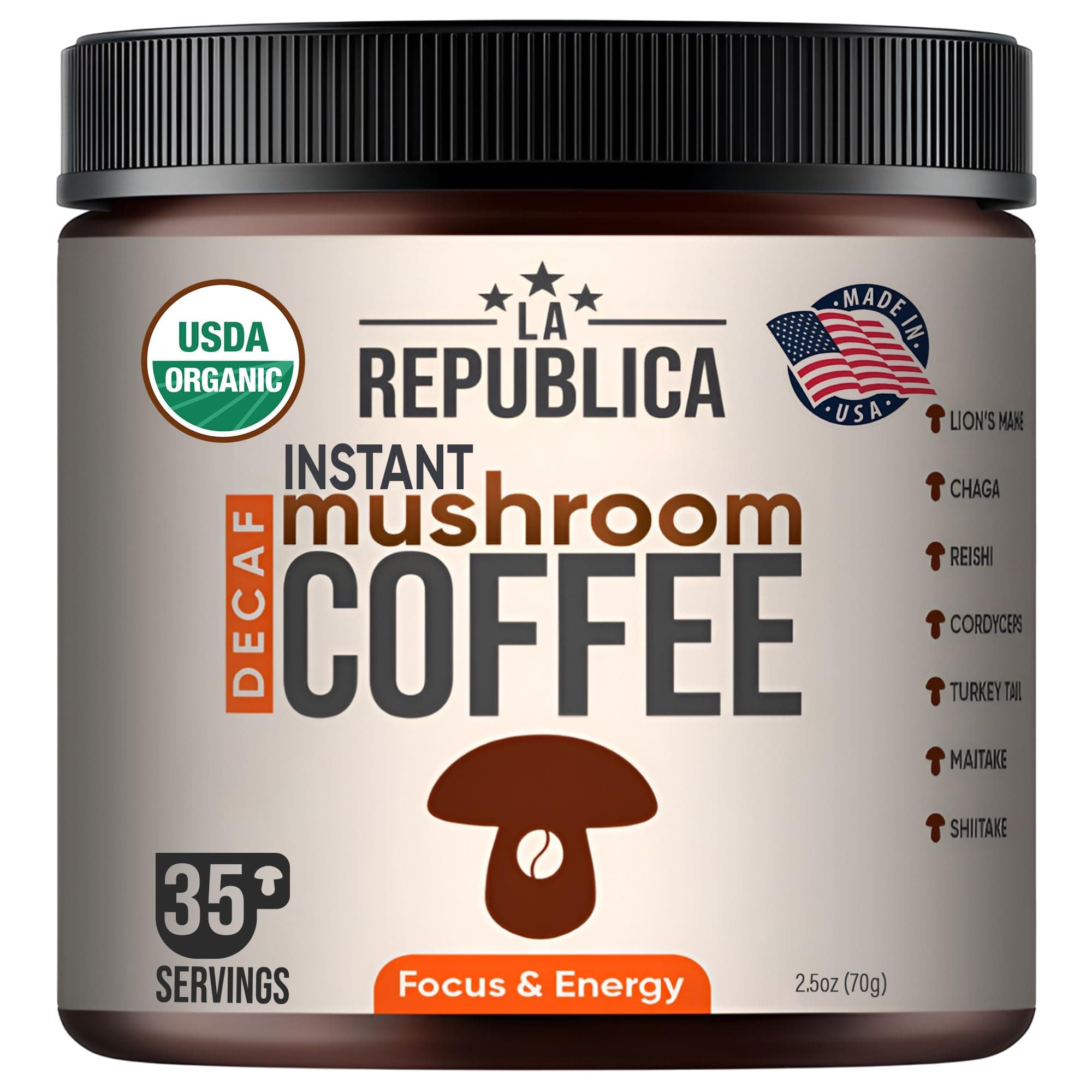 La Republica DECAF Organic Mushroom Coffee (35 Servings) with 7 Superfood Shrooms, Great Tasting Instant Mix Includes Lion's Mane, Reishi, Chaga, Cordyceps, Shiitake, Maitake, and Turkey Tail (Decaffeinated)