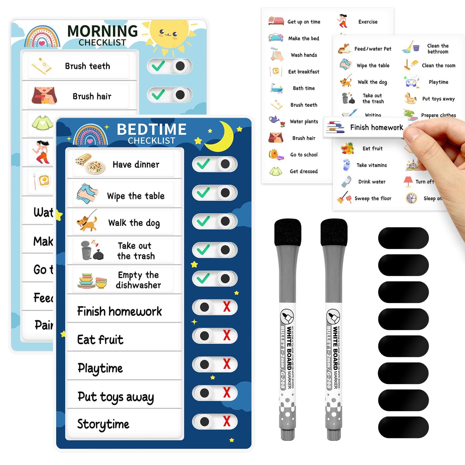 Chore Chart for Kids: Dry Erase Visual Schedule, Magnetic Bedtime/Morning Routine Chart - Toddler Chore Board, Checklist, To Do List for Kids (1 morning checklist, 1 bedtime checklist)