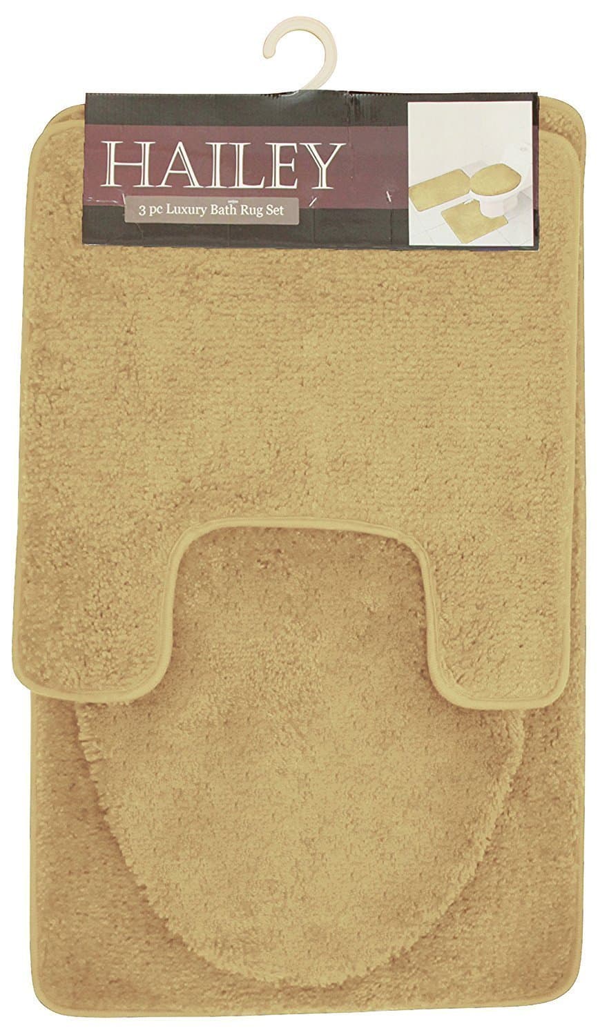 Kashi Home Hailey 3 Piece Bath Rug Set, Bath Mat, Contour Rug, Toilet Seat Lid Cover, Soft Pile, Water Absorbent Solid Color (Beige)