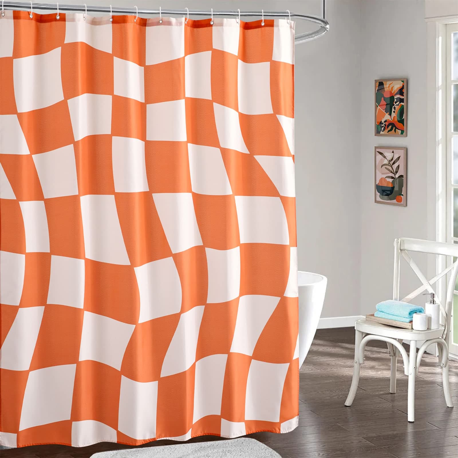 YoKii70s Retro Checkerboard Shower Curtain in Orange, Modern Abstract Groovy Wavy Psychedelic Trippy Grid Checkered Bright Fabric Shower Curtain Set with Hooks Aesthetic Hippie Funky Bathroom Decor