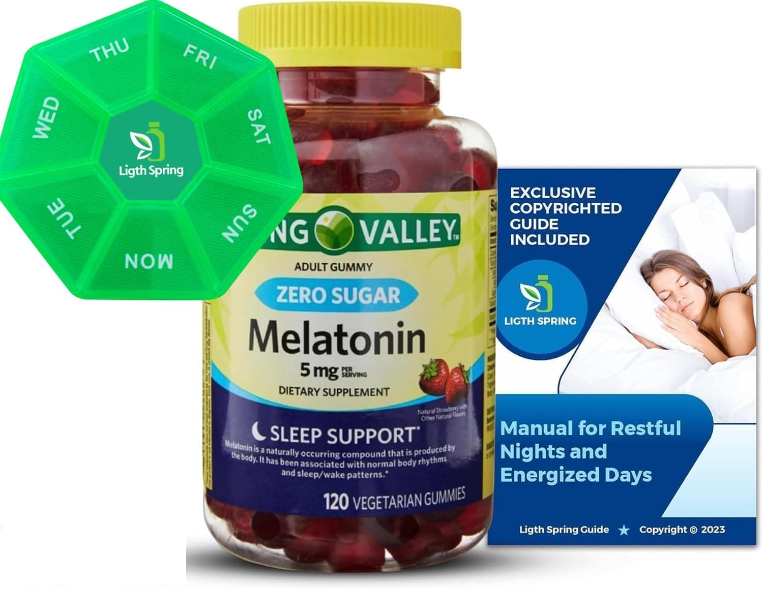 Spring Zero Sugar Melatonin 5 MG, 120 Gummies Sleep Support Bundle with Exclusive Manual for Restful Nights and Energized Days - Better Ligth&Spring Guide