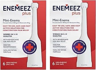 Enemeez Plus Mini-Enemas, docusate Sodium with benzocaine Stool Softener, Fast-Acting Constipation Relief, Promotes Bowel Movement in 2-15 Minutes, 2 Boxes of 6 Each, (12 Total) Single-Use 5ml Tubes