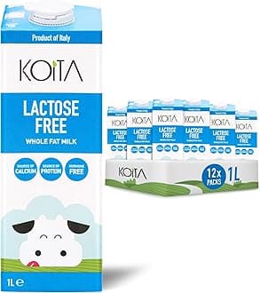 Koita Lactose-Free Whole Fat Milk (1L, 12-Pack) - No Added Hormones, Easy to Digest, Vitamin Enriched, Made in Italy