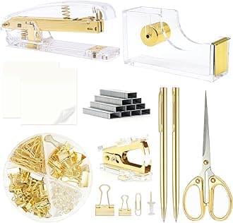 Gold Office Supplies,UPIHO Gold Desk Accessories,Stapler and Tape Dispenser Set with Large Stapler,Tape Dispenser, Staple Remover, Staples, Clips,Scissor,Pen and Sticky Notes,Gifts for Office Clerks