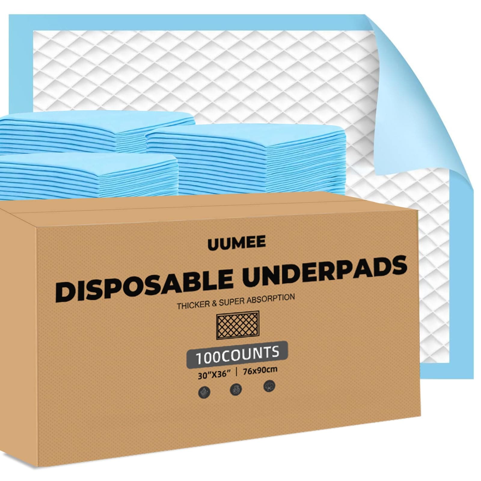 100 Count Bed Pads with Adhesive Strips 30"X 36" Disposable Underpads Extra Large Thicker Incontinence Pads, Pee Pads for Adult.