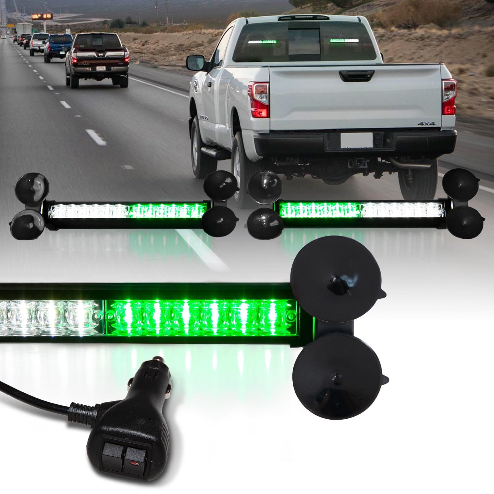 LUMENIX 2x12 Inch LED Traffic Advisor Emergency Strobe Lights Bar Front/Rear Window Windshield 2-in-1 Warning Directional Flashing Light for Construction Vehicles Tow Trucks Snow Plow- White Green