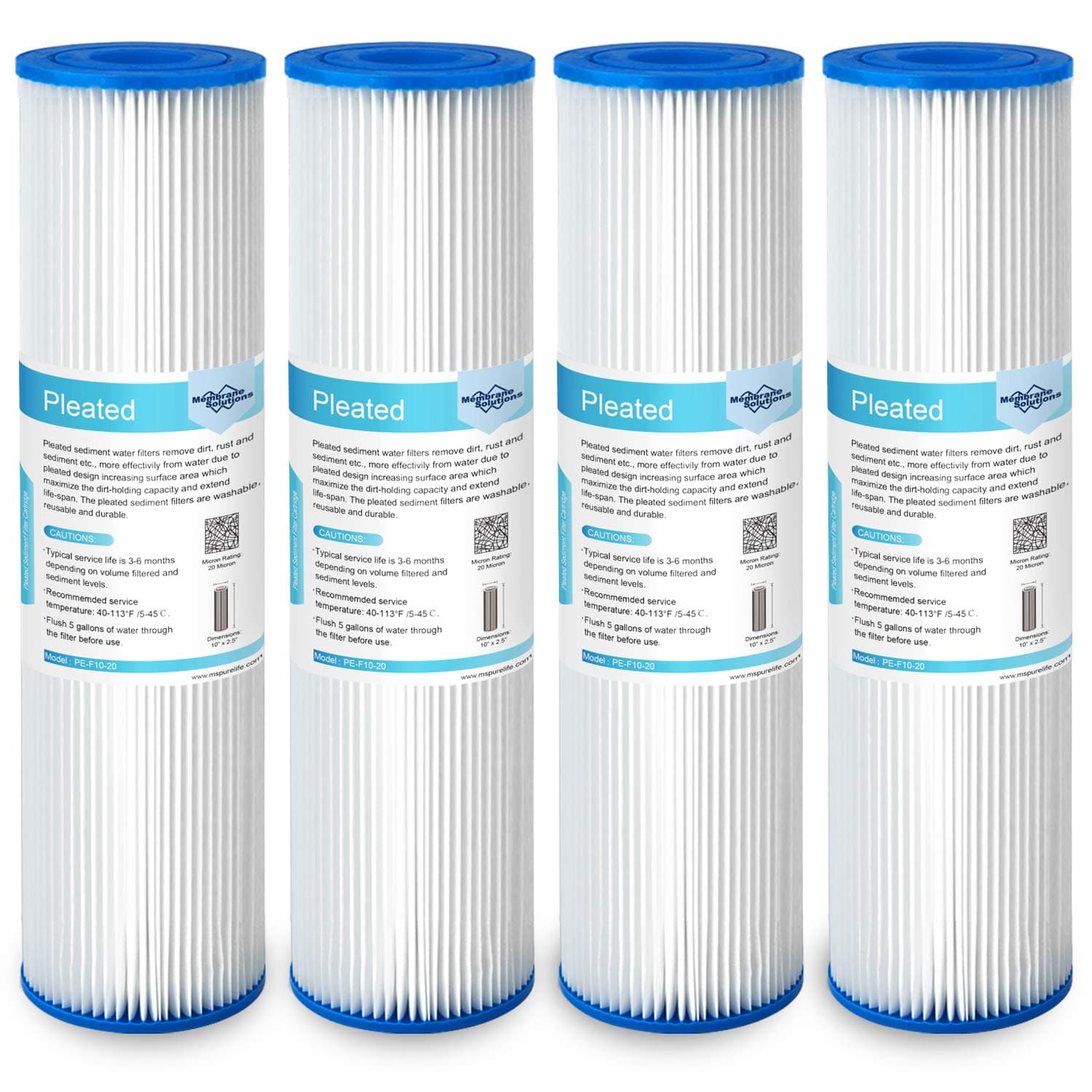 Membrane Solutions 20 Micron Pleated Polyester Sediment Water Filter 10"x2.5" Replacement Cartridge Universal Whole House Pre-Filter Compatible with W50PE, WFPFC3002, SPC-25-1050, FM-50-975 - 4 Pack